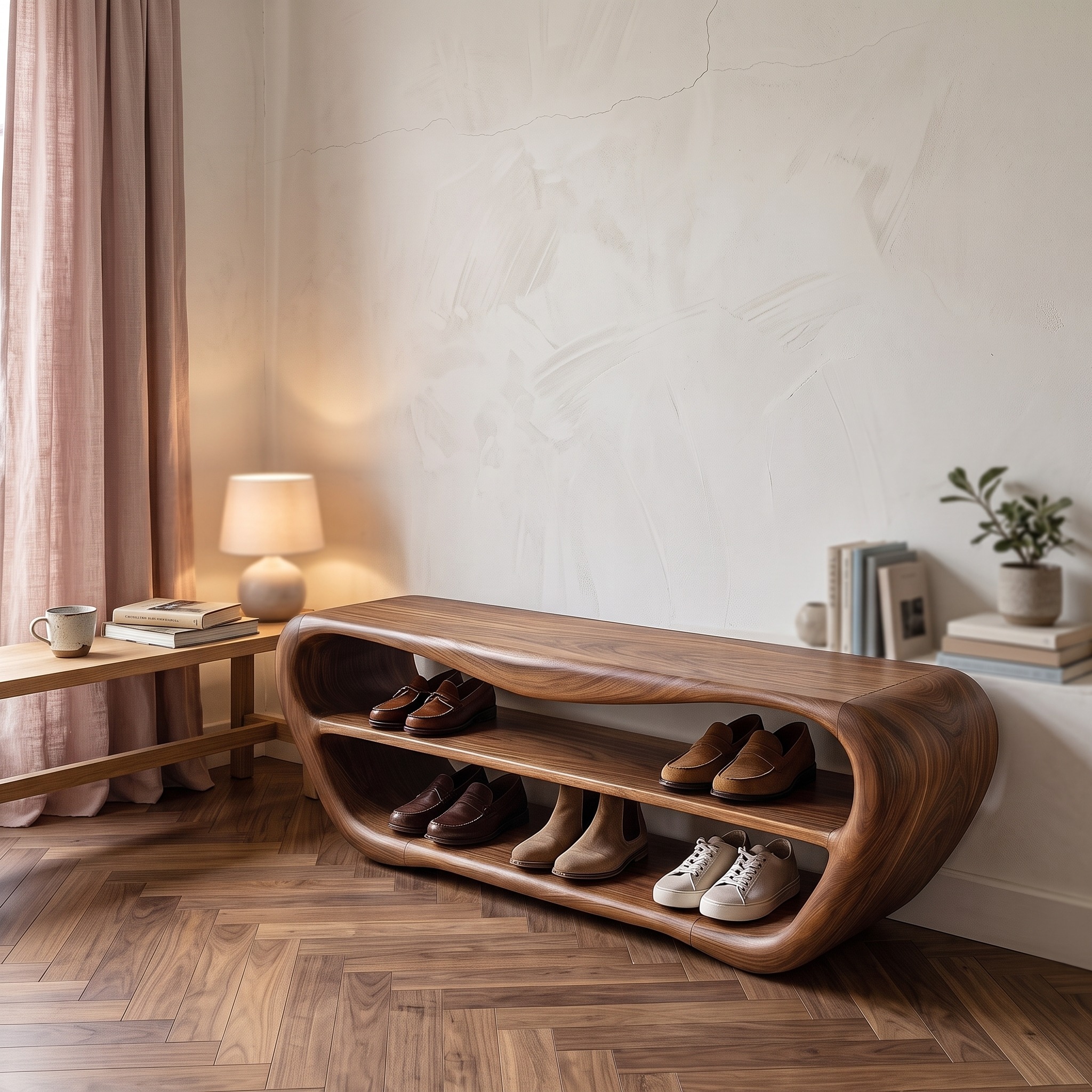 Handcrafted Shoe Bench with Open Storage, Rustic Wooden Entryway Sitting Bench Organizer