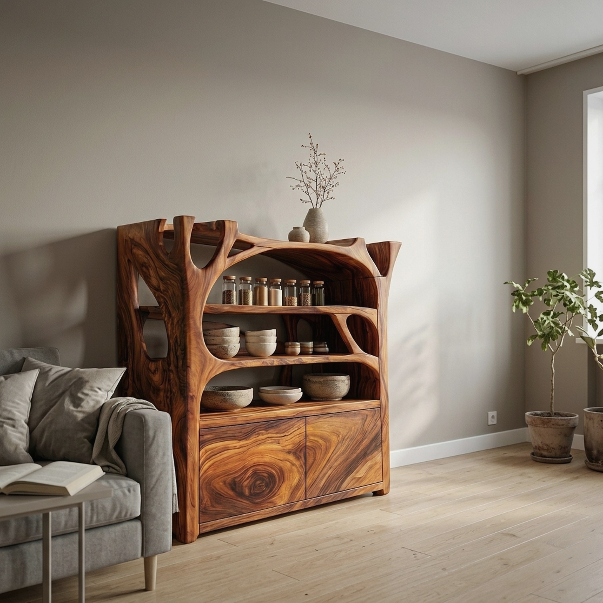Handcrafted Shoe Cabinet Sculptural Wood Design for Entryway