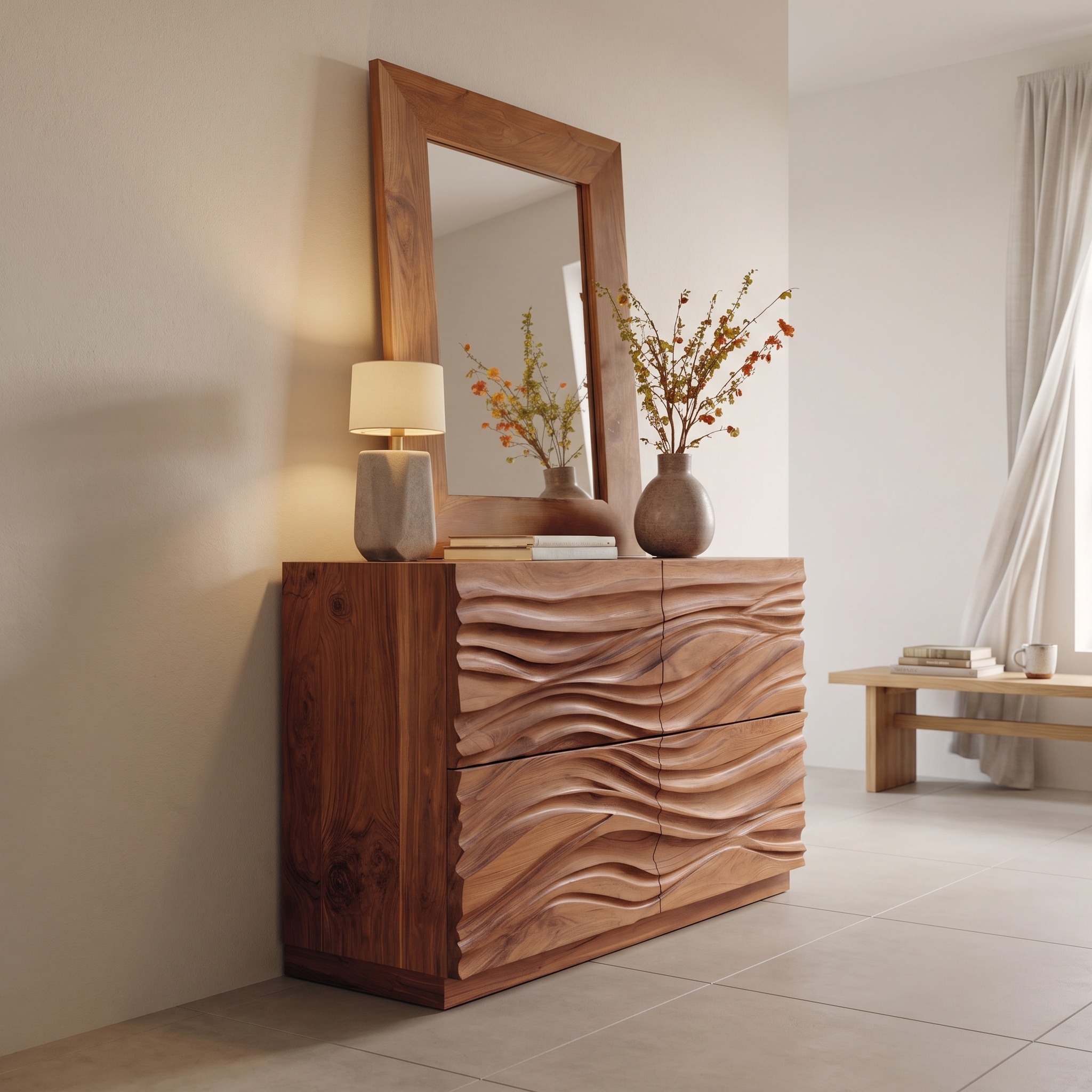 Handcrafted Sideboard with Carved Wave Design, Solid Wood Credenza Storage Cabinet for Living Room Decor, Model