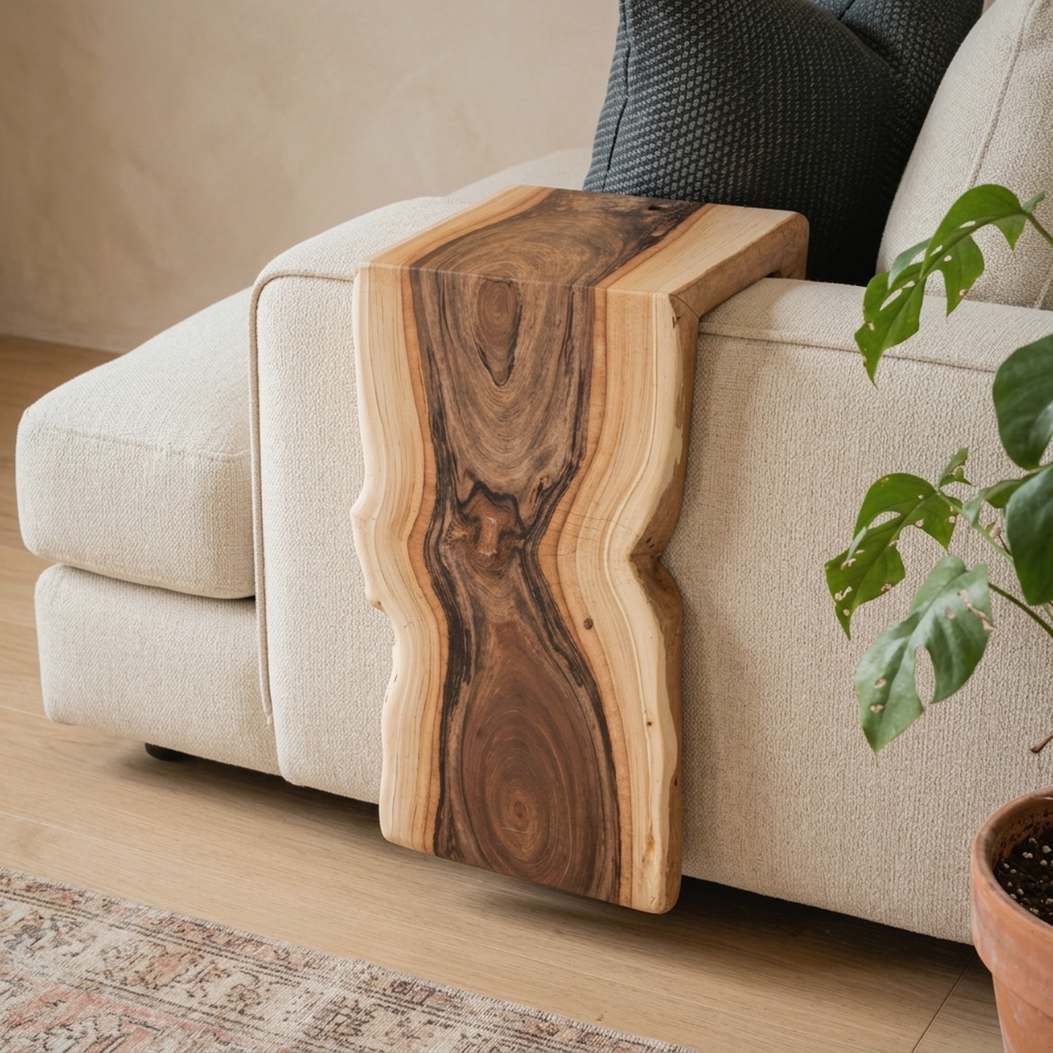 Handcrafted Sofa Armrest Table with Functional Storage Space