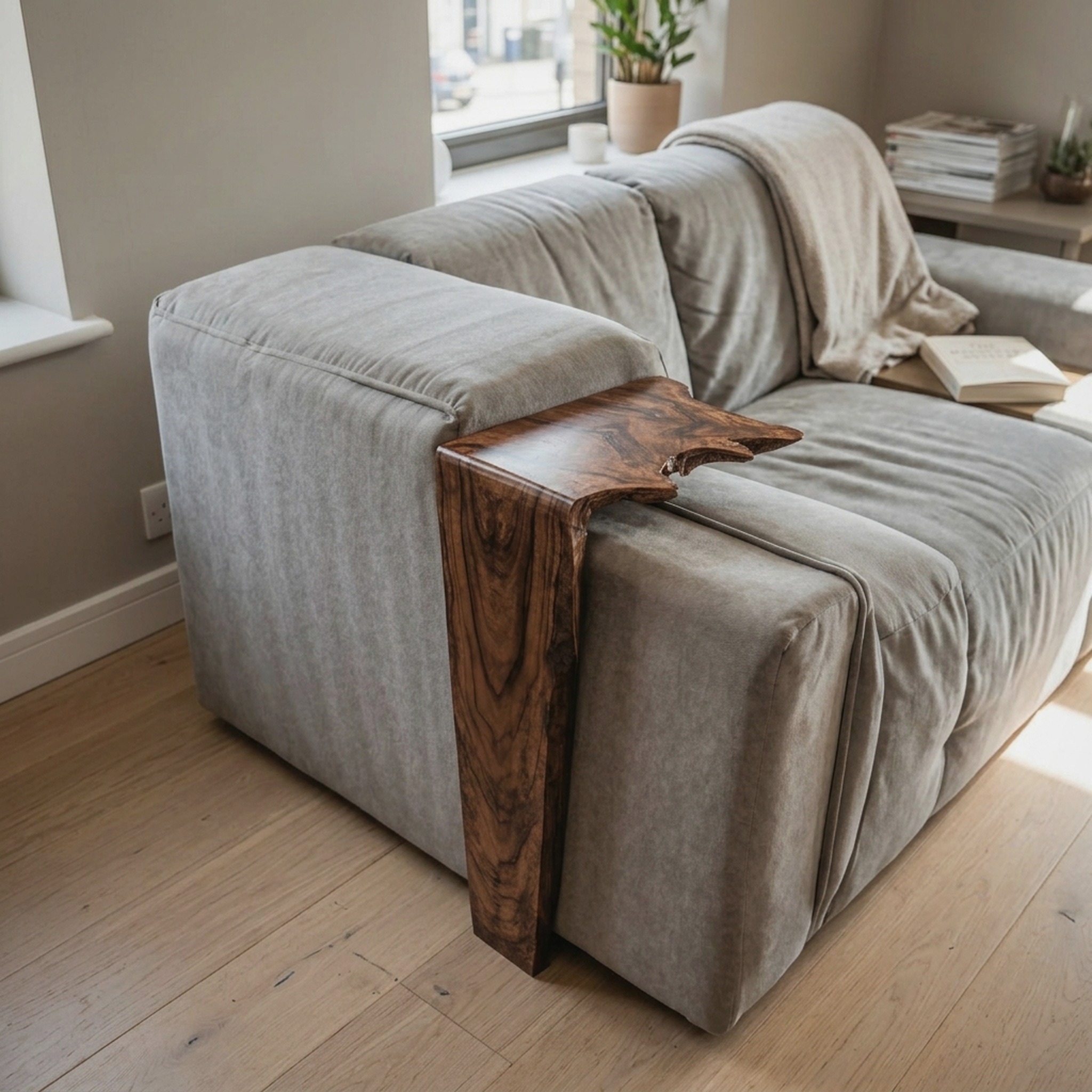 Handcrafted Sofa Armrest Table with Rustic Charm
