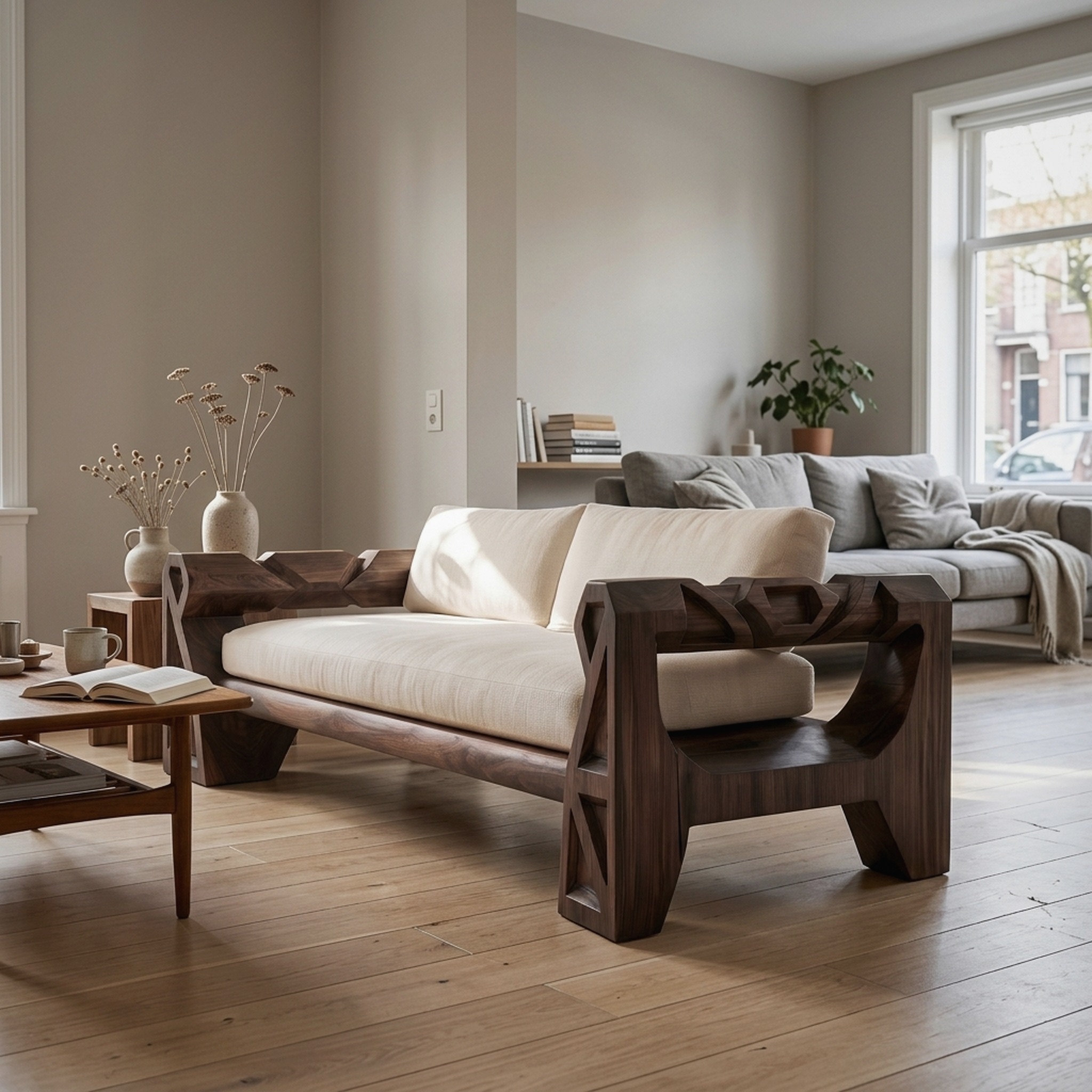 Handcrafted Sofa Frame with Sculptural Wood Armrests for Living Room