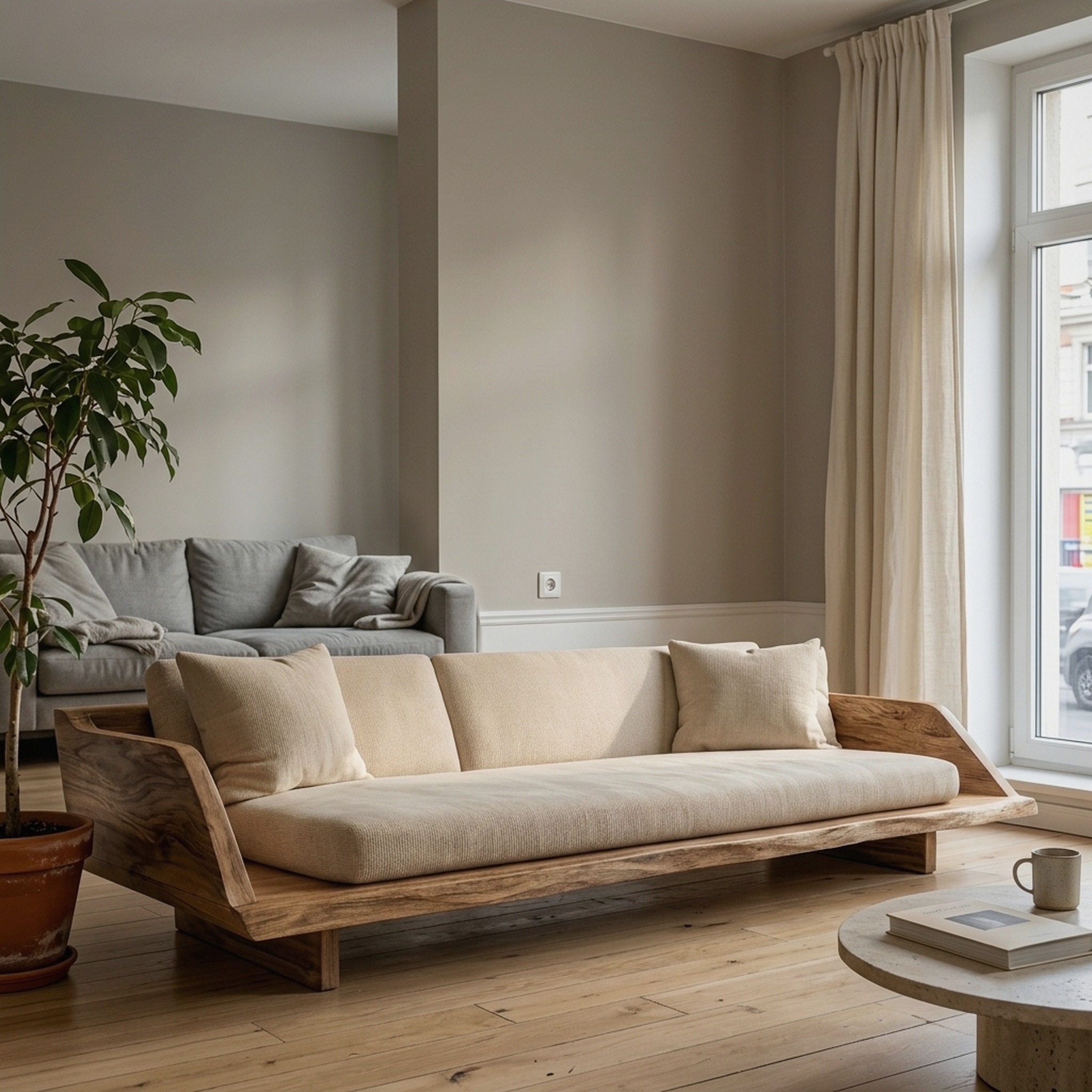 Handcrafted Sofa Frame with Sculptural Wooden Base for Living Room
