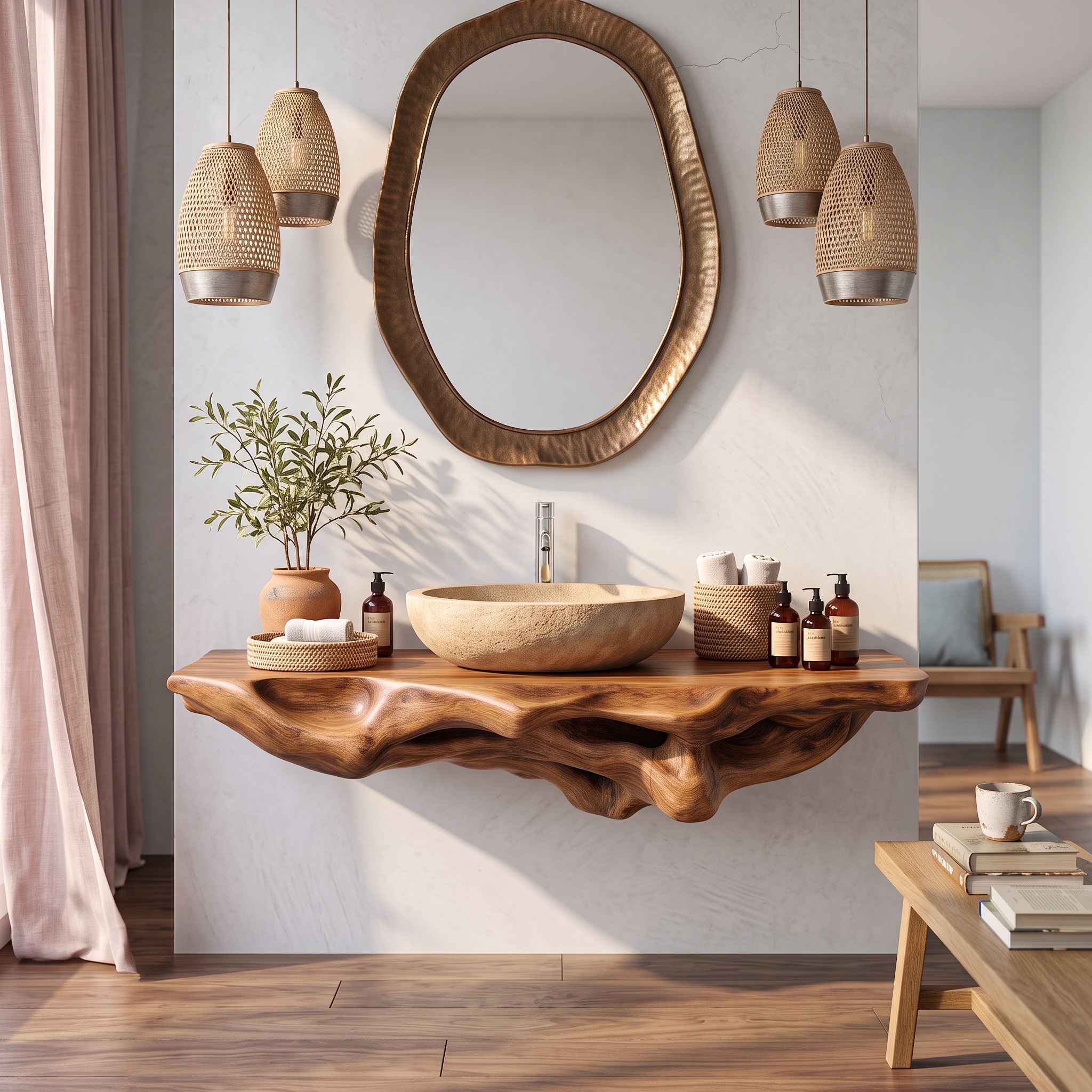 Handcrafted Solid Wood Bathroom Shelf, Wall Mounted Floating Rack & Towel Storage Organizer Cabinet Decor