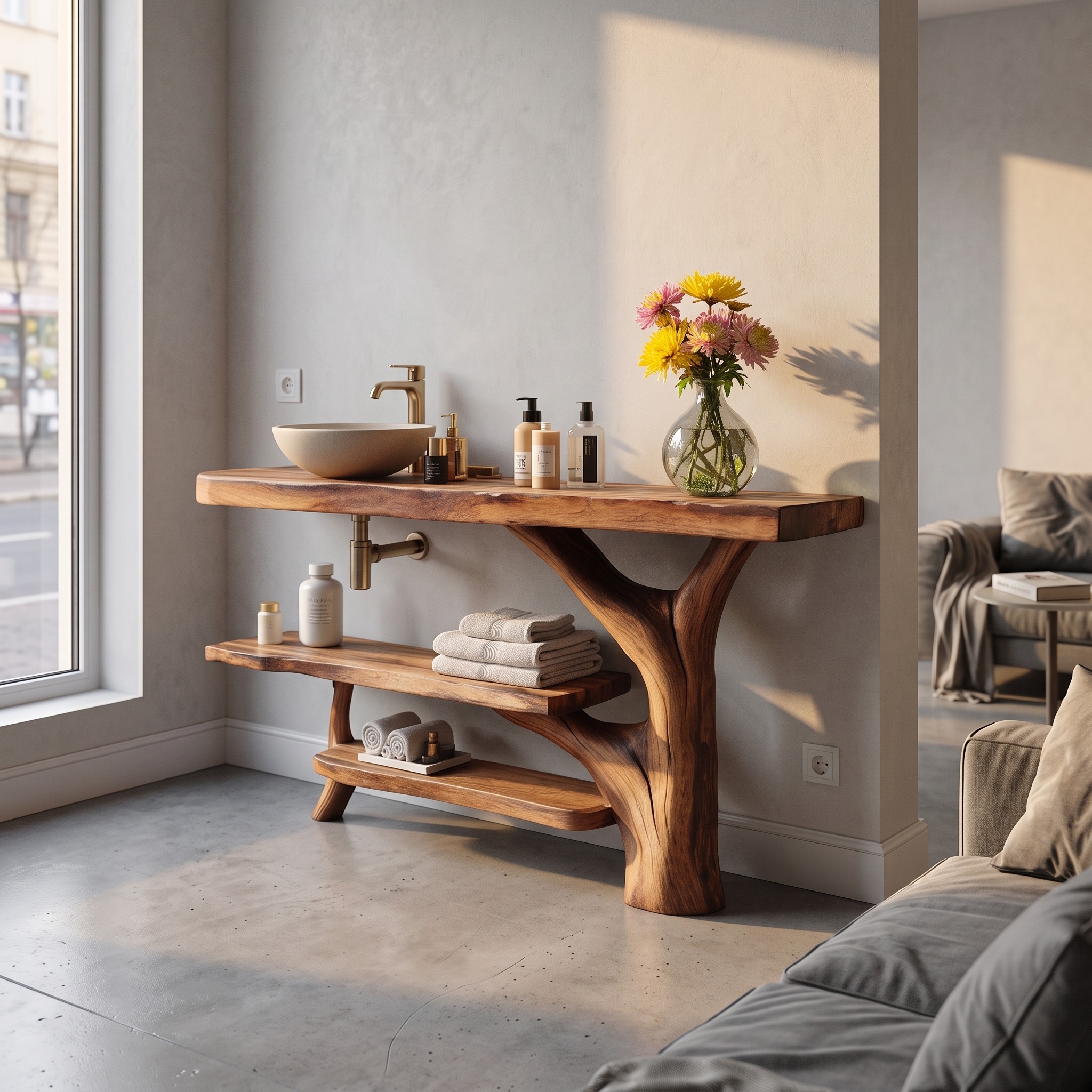 Handcrafted Solid Wood Bathroom Vanity, Live Edge Slab Sink Console for Elegant Bathroom Interior