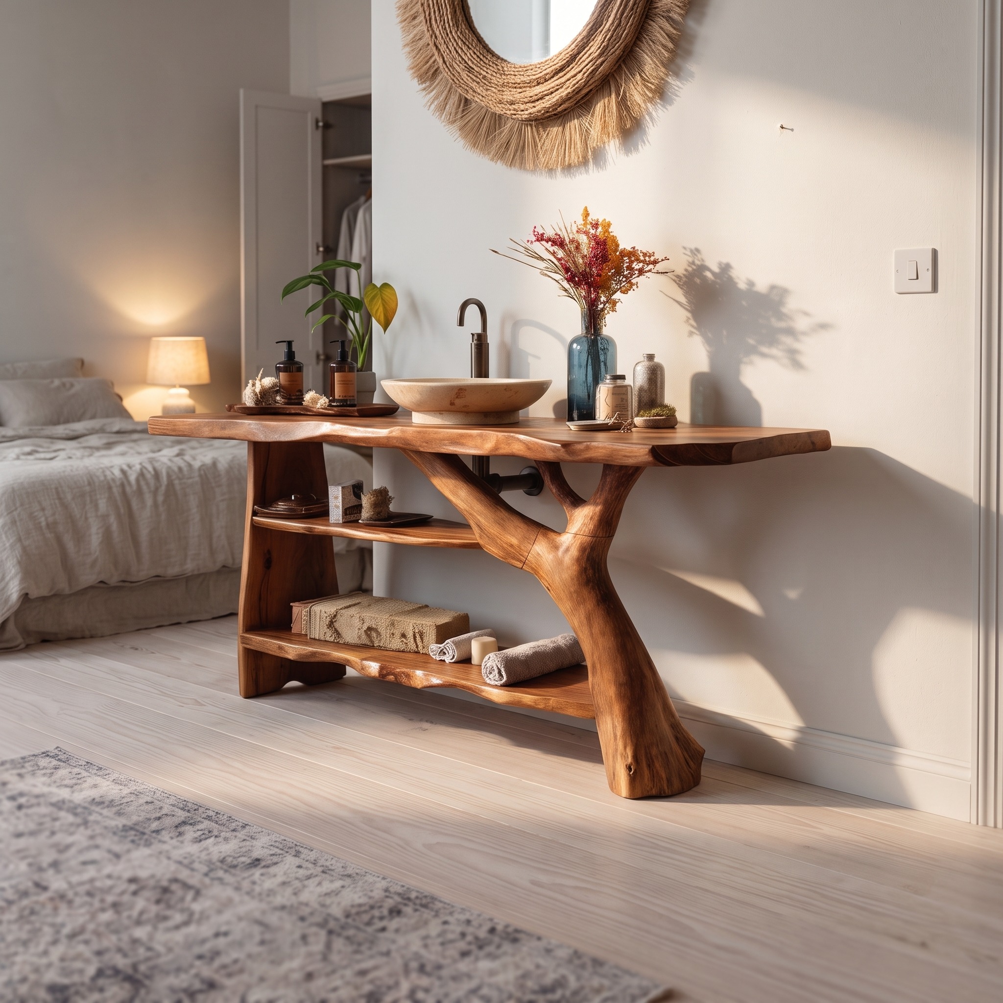 Handcrafted Solid Wood Bathroom Vanity, Live Edge Slab Sink Console for Modern Rustic Bathroom