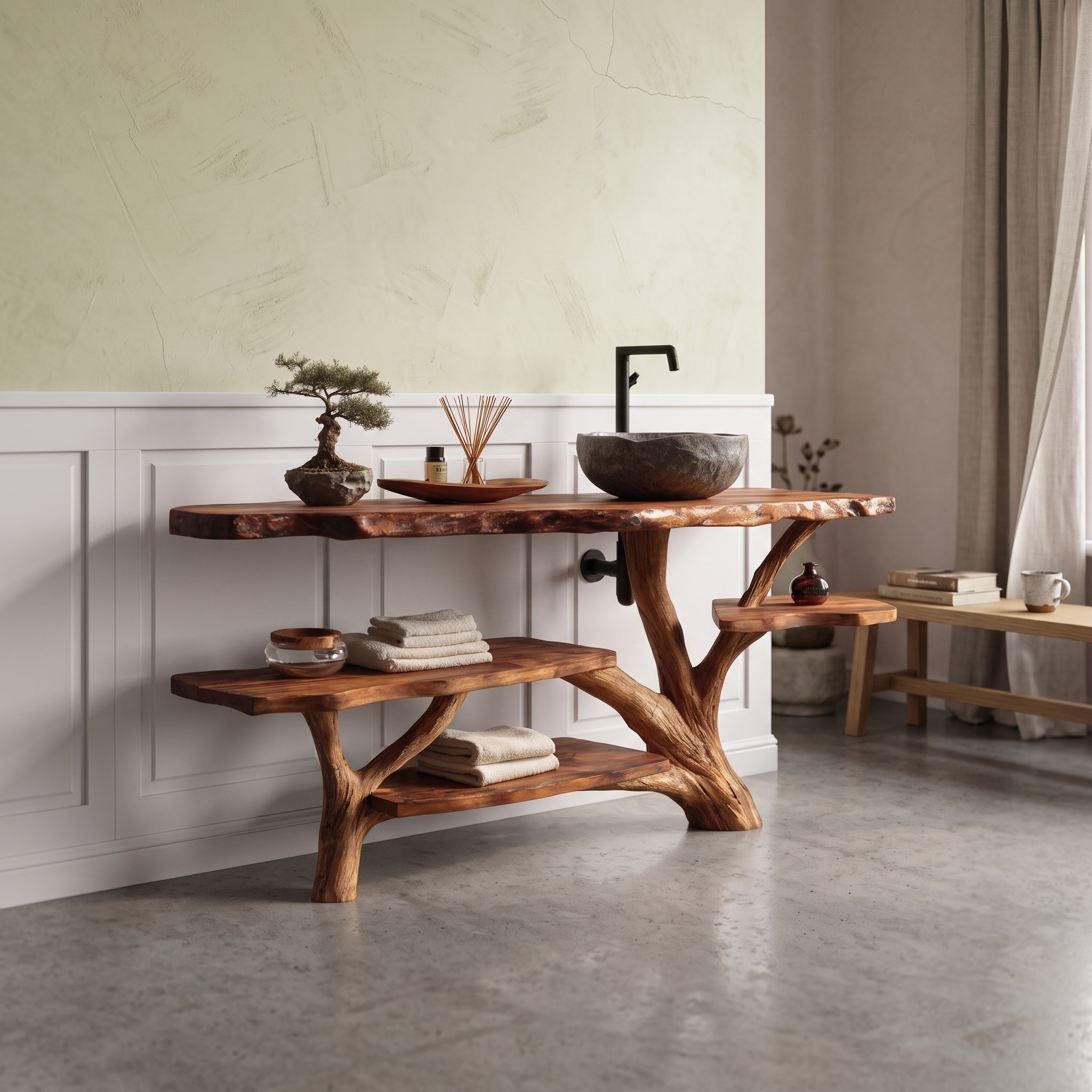 Handcrafted Solid Wood Bathroom Vanity, Live Edge Slab Sink Console for Timeless Bathroom Remodel