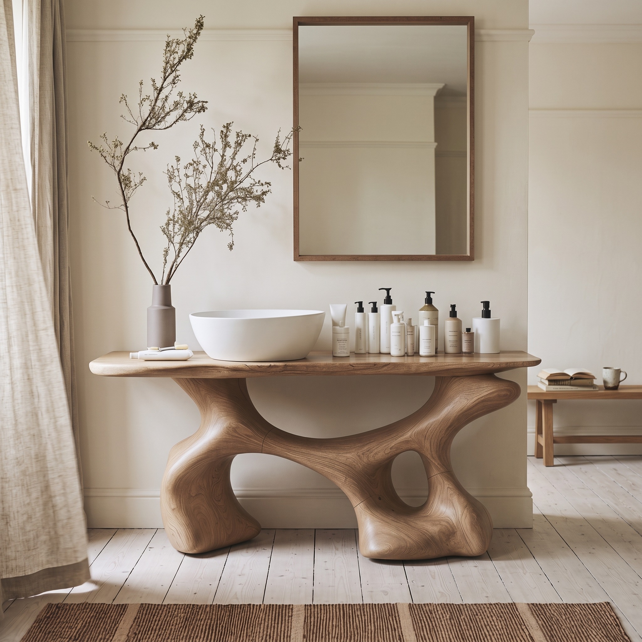 Handcrafted Solid Wood Bathroom Vanity, Modern Single Sink Storage Cabinet Console for Organic Home Look