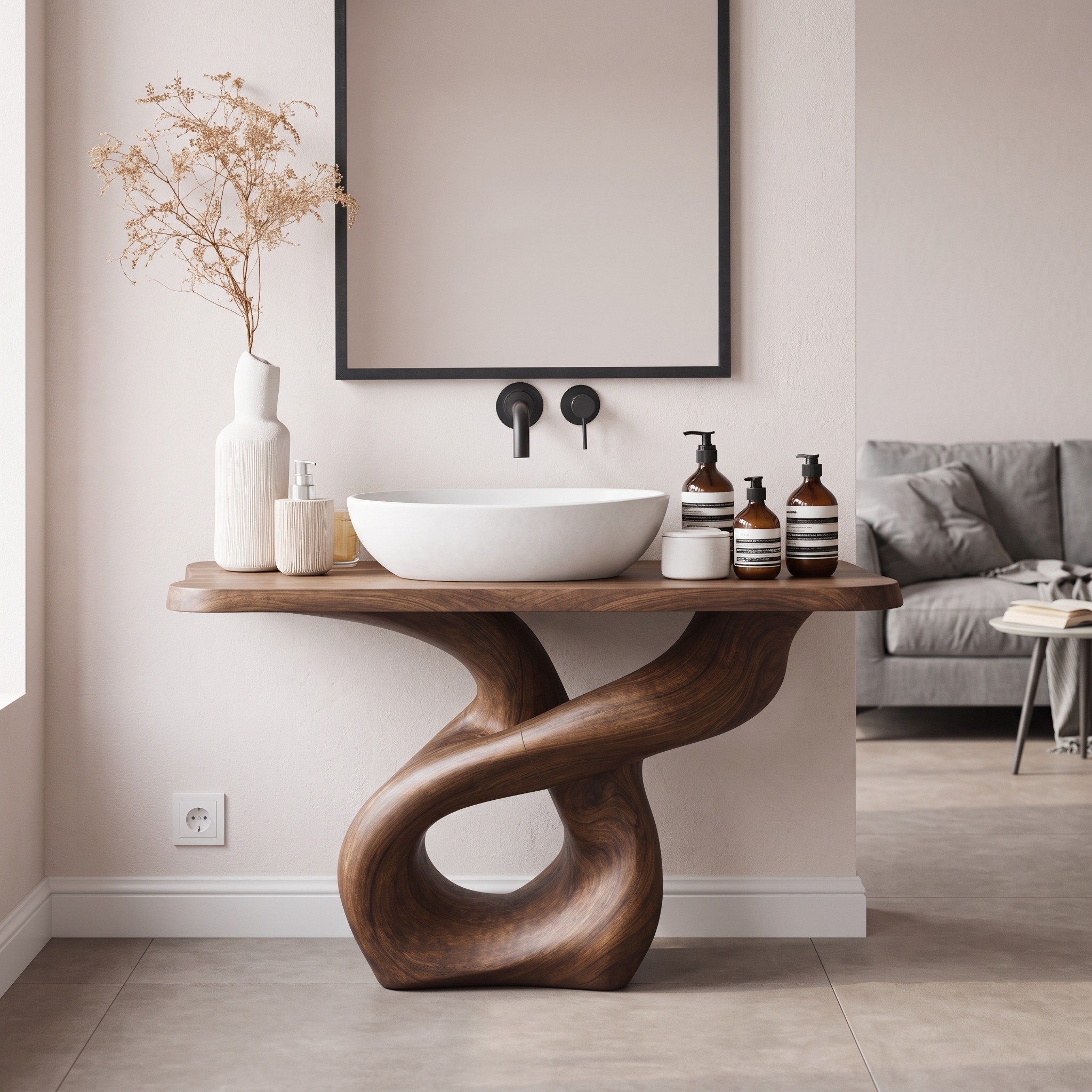 Handcrafted Solid Wood Bathroom Vanity, Unique Single Sink Cabinet Storage Console for Artistic Bath Style