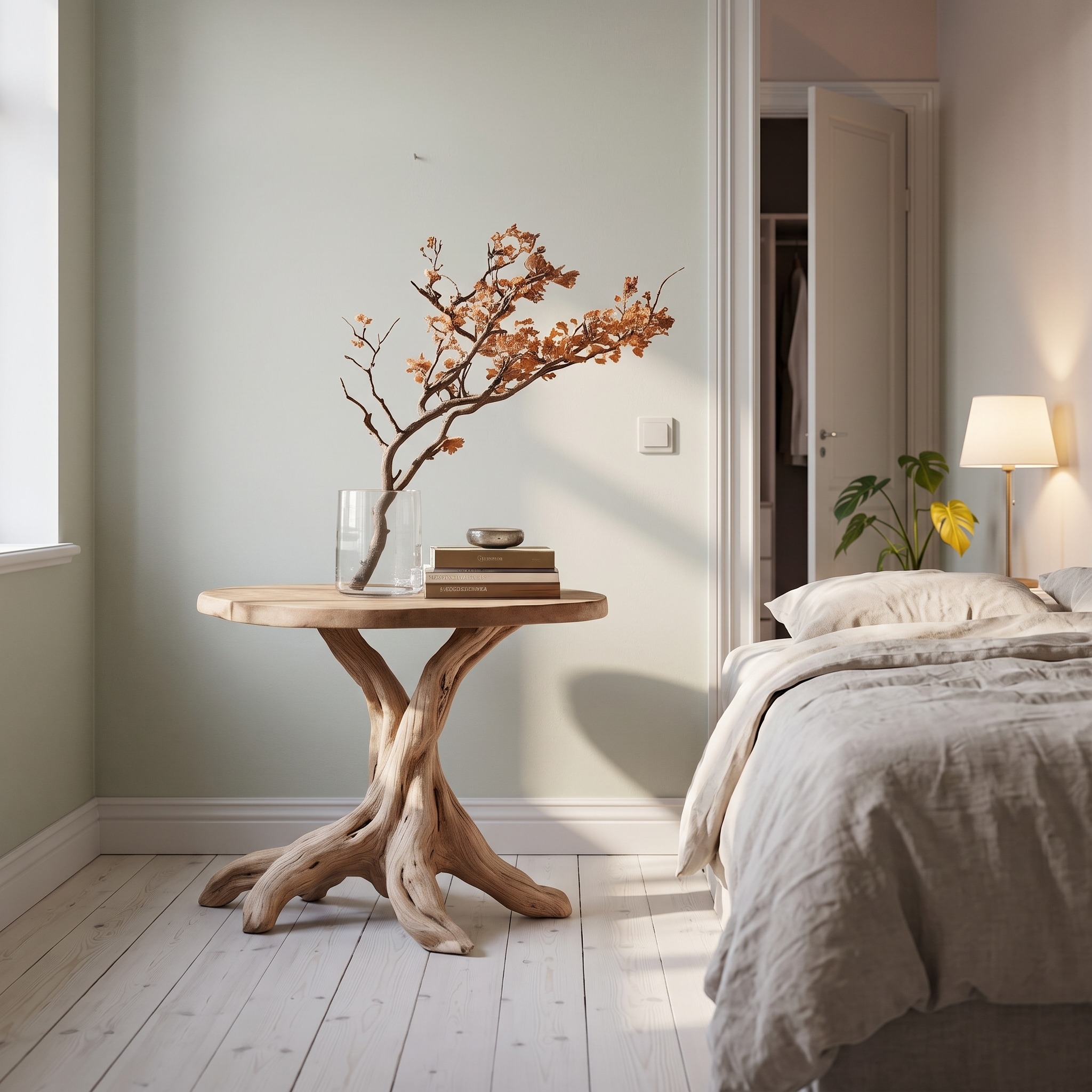 Handcrafted Solid Wood End Table, Modern Geometric Side Table for Living Room Accent & Wall Display
