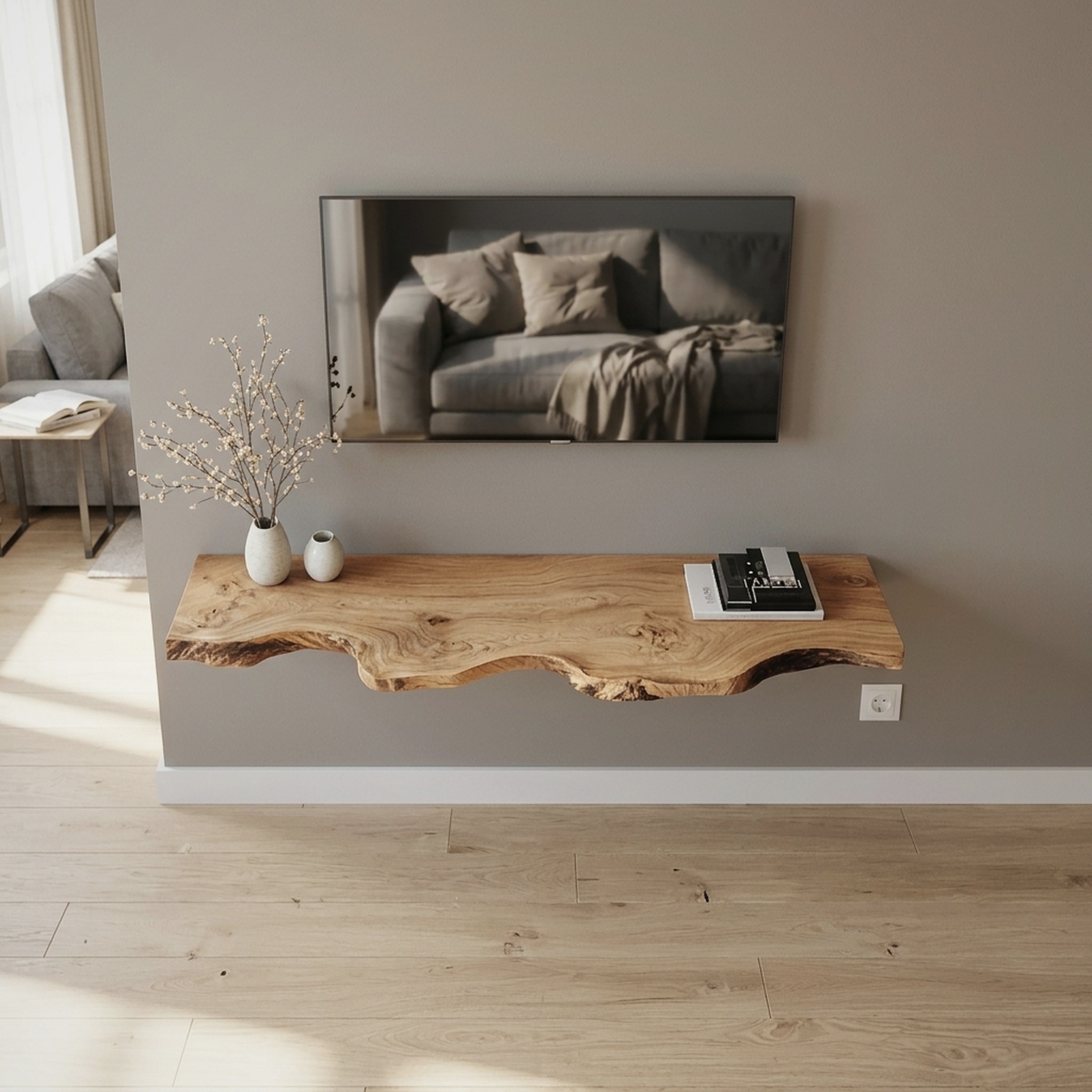 Handcrafted Solid Wood Floating TV Bench Natural Modern Living Room Decor