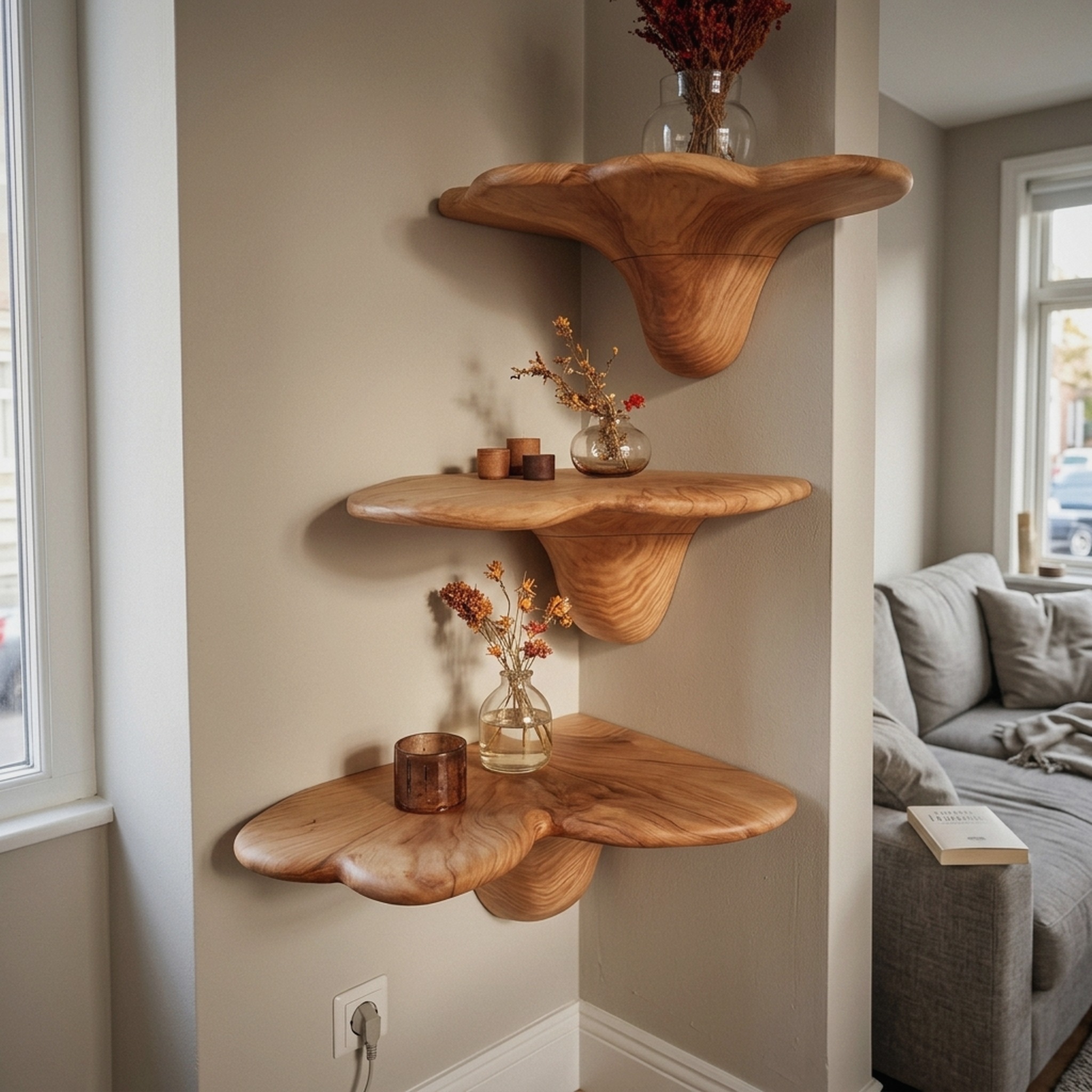Handcrafted Solid Wood Mushroom Shelf for Bedroom Interior Decor
