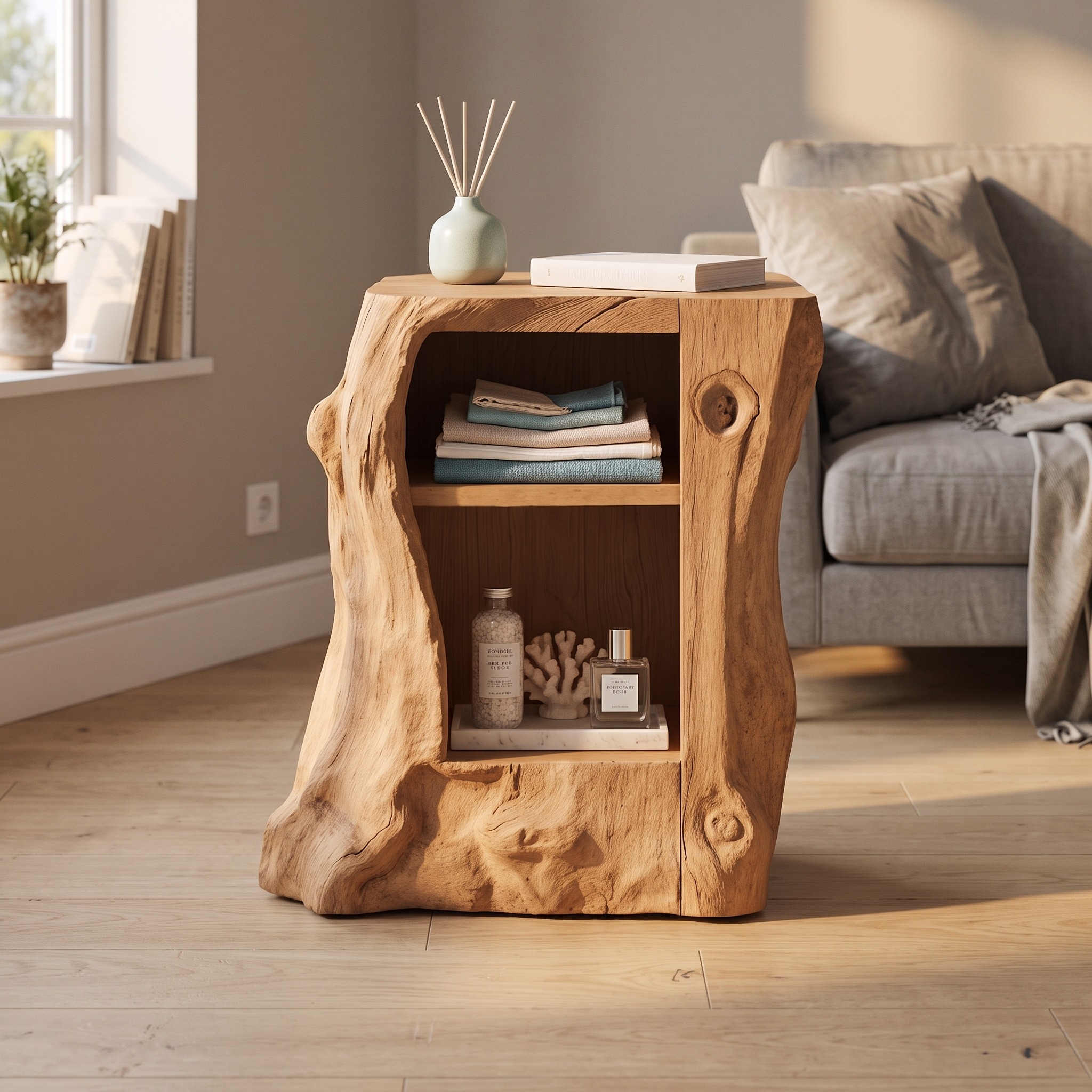 Handcrafted Solid Wood Side Cabinet, Rustic Bedside Table & End Storage Organizer for Bedroom Decor