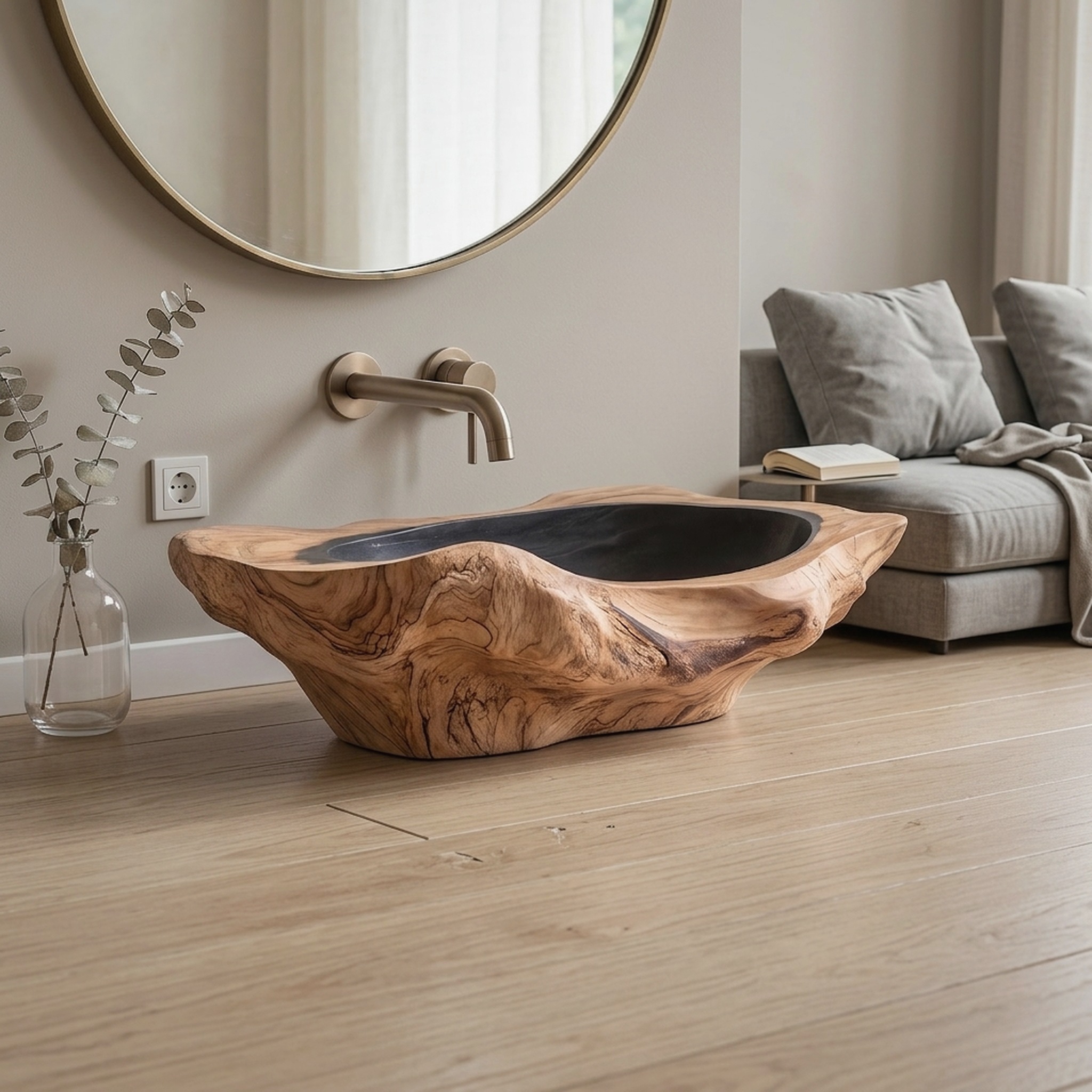 Handcrafted Solid Wood Sink, Live Edge Wooden Vessel Wash Basin Bowl with Natural Wood Grain Texture for Farmhouse Bathroom Vanity
