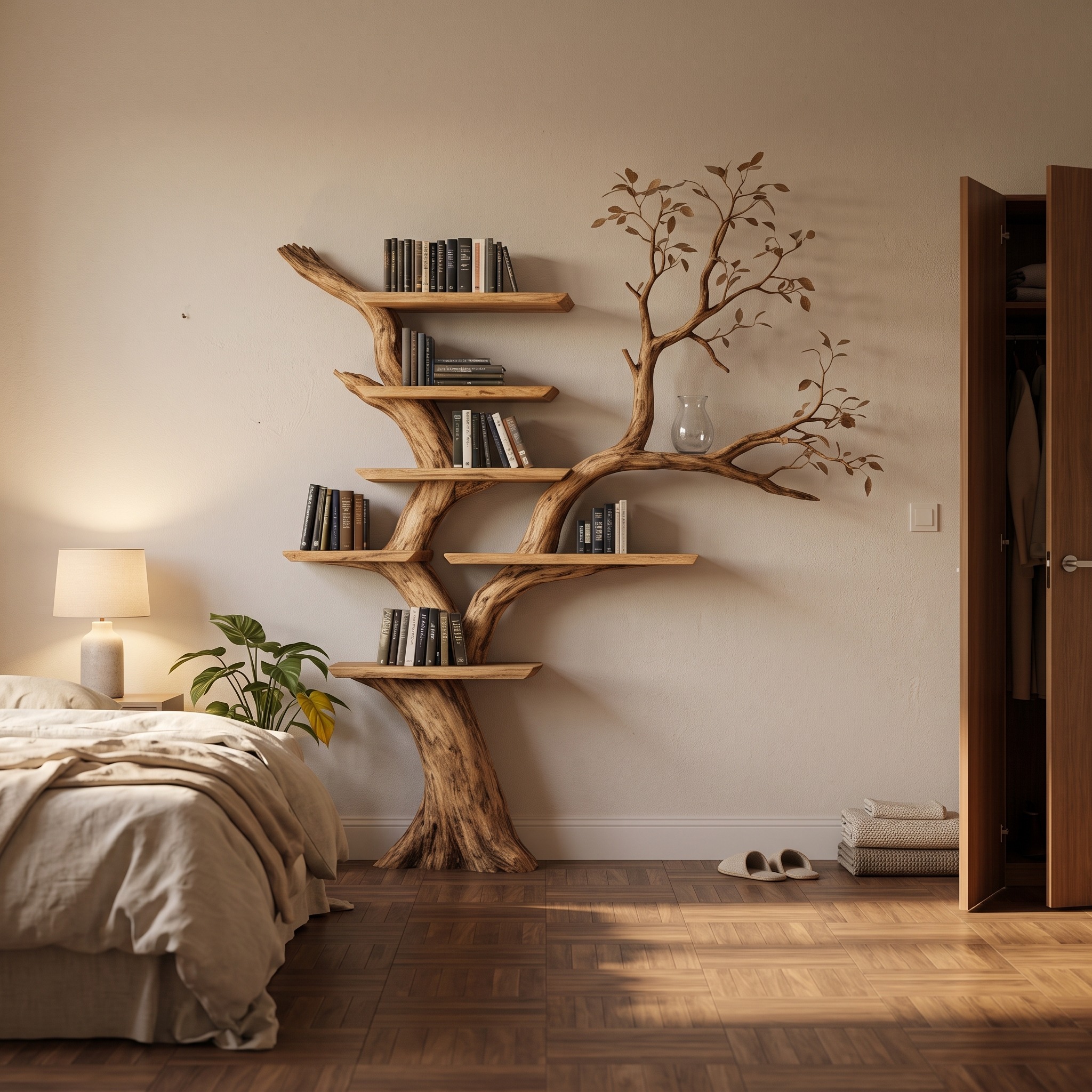 Handcrafted Solid Wood Tree Bookshelf, Unique Sculptural Wall Mounted Floating Branch Bookcase Statement Piece