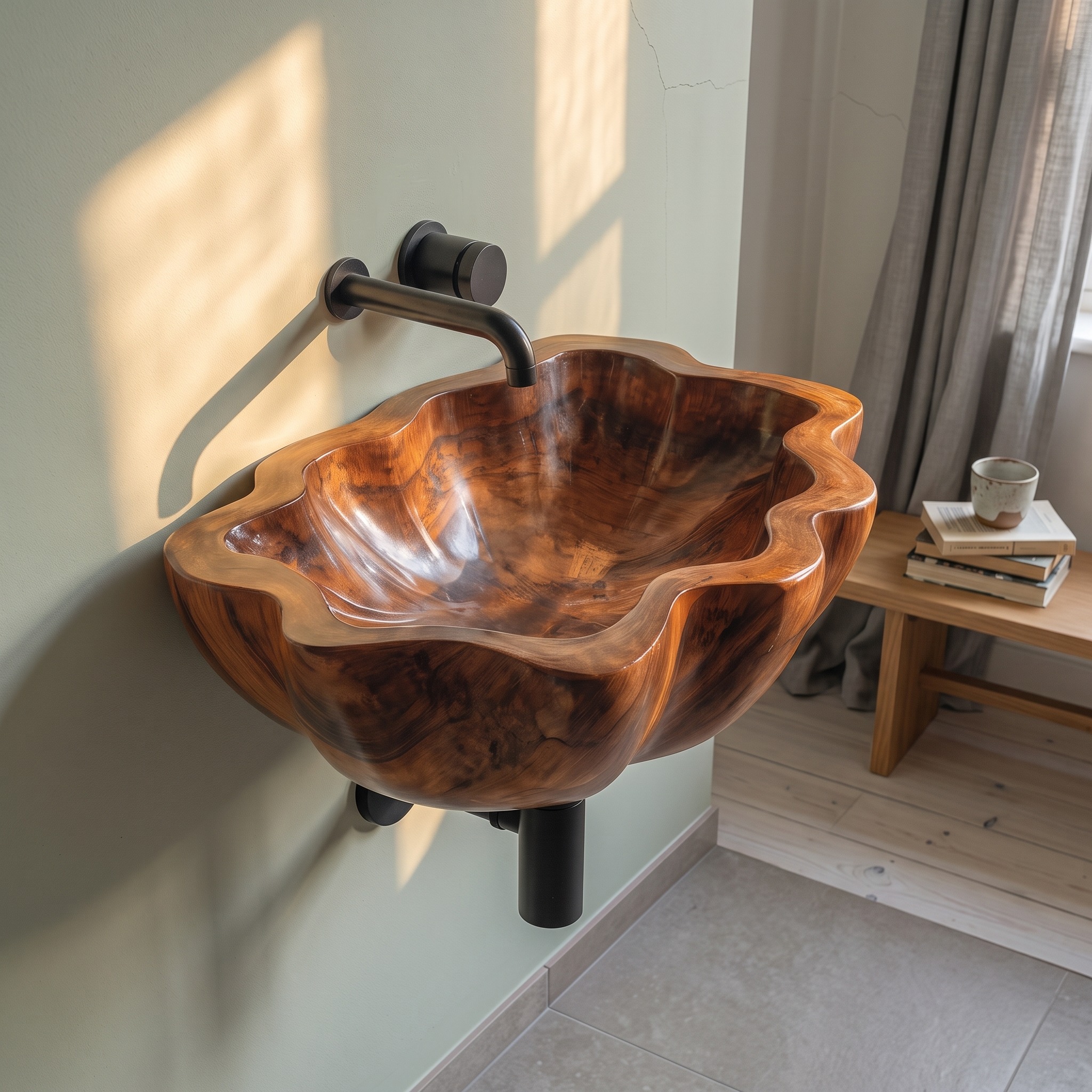 Handcrafted Solid Wood Vessel Sink, Artistic Wooden Bathroom Wash Basin for Vanity Countertops