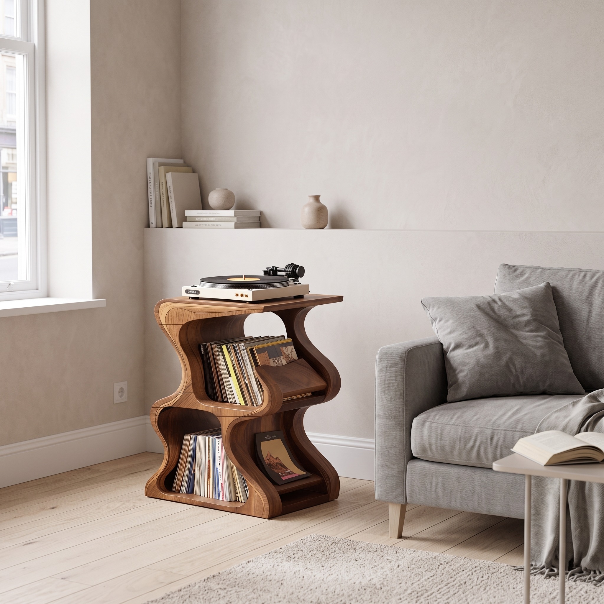 Handcrafted Solid Wood Vinyl Record Storage Console, Retro Media Cabinet & Sideboard for Living Room or Bedroom