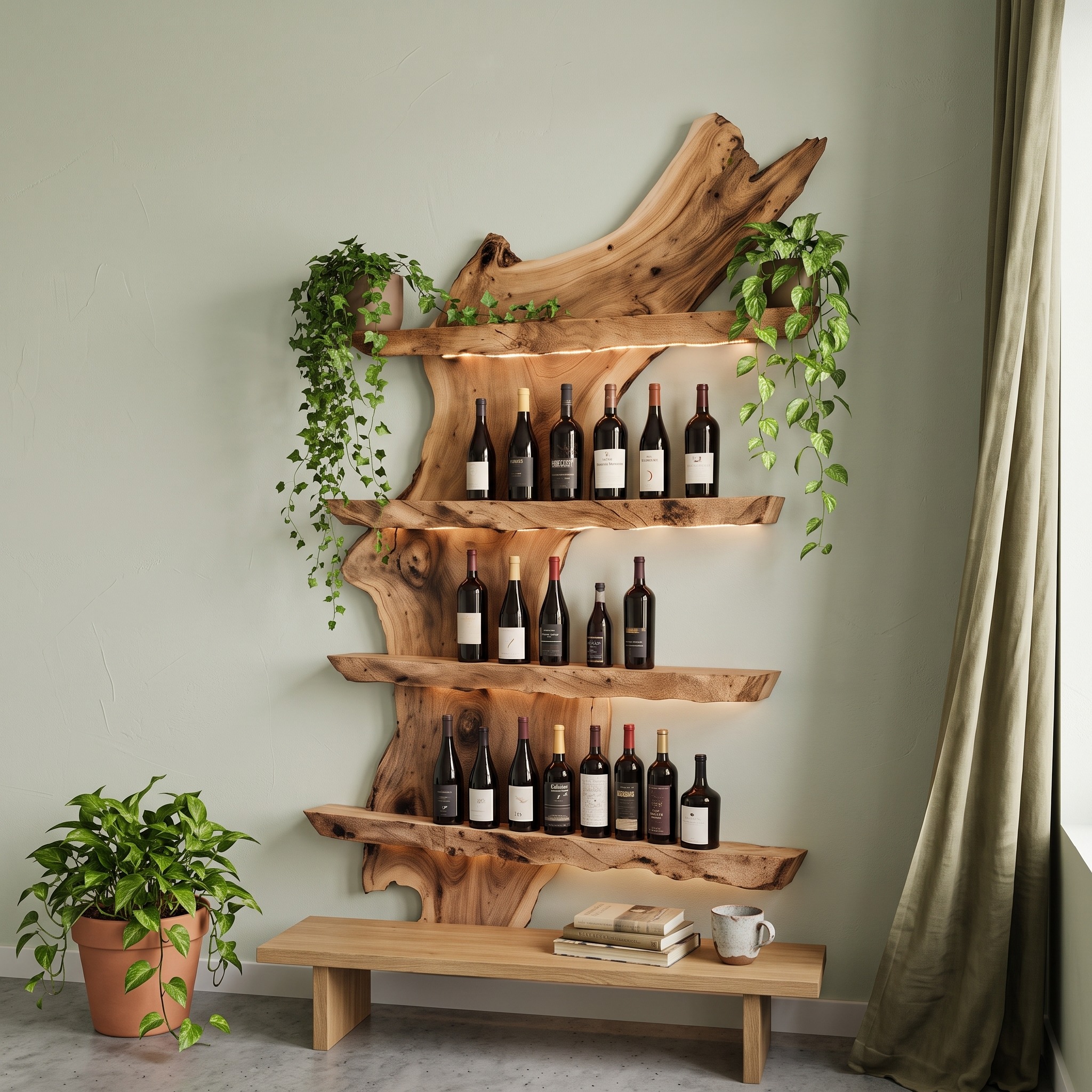 Handcrafted Solid Wood Wine Holder, Live Edge Wood Tabletop Wine Rack Organizer, Halloween Party Kitchen Accent