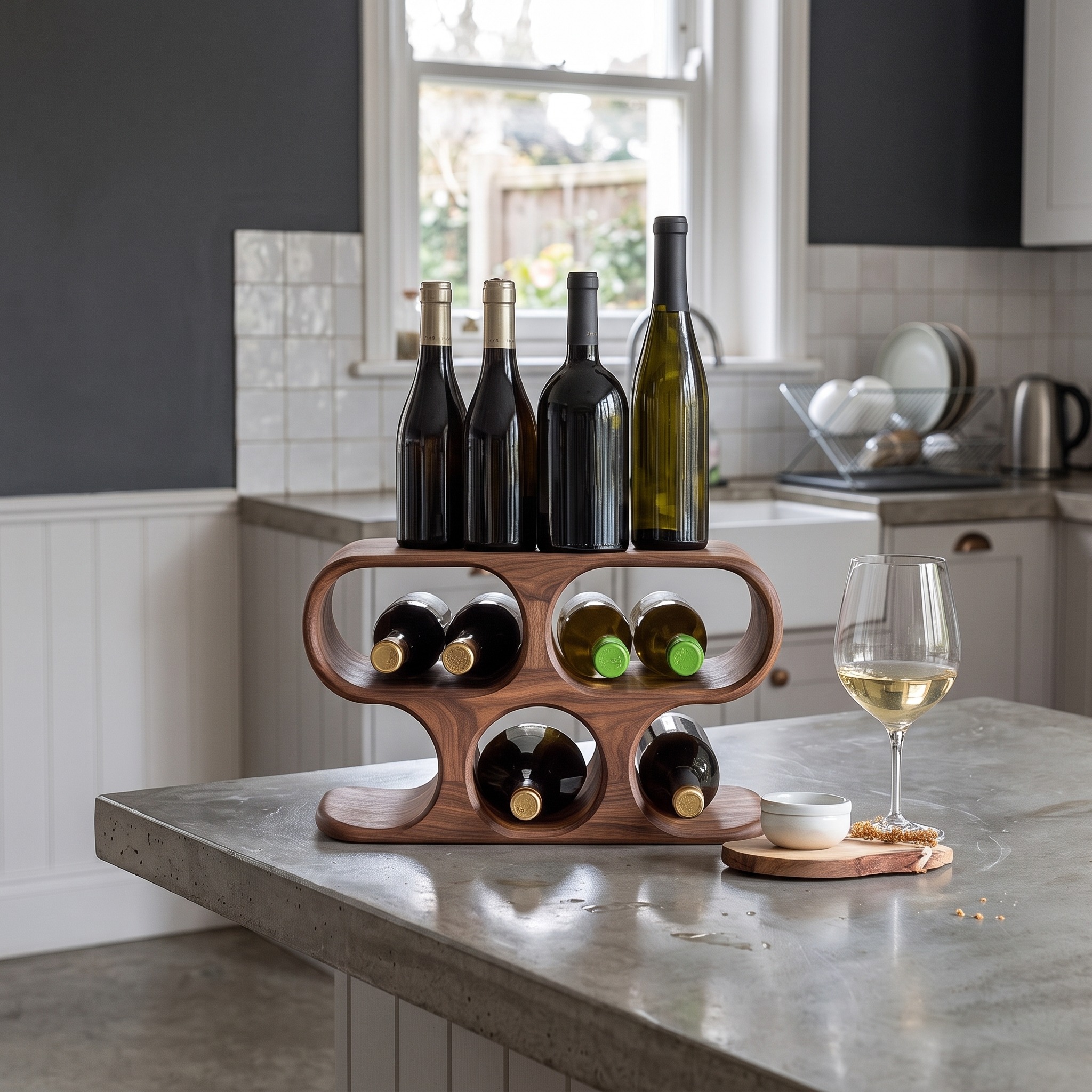 Handcrafted Solid Wood Wine Rack, Wall Mounted Rustic Bottle Holder & Stemware Glass Hanger for Kitchen Decor