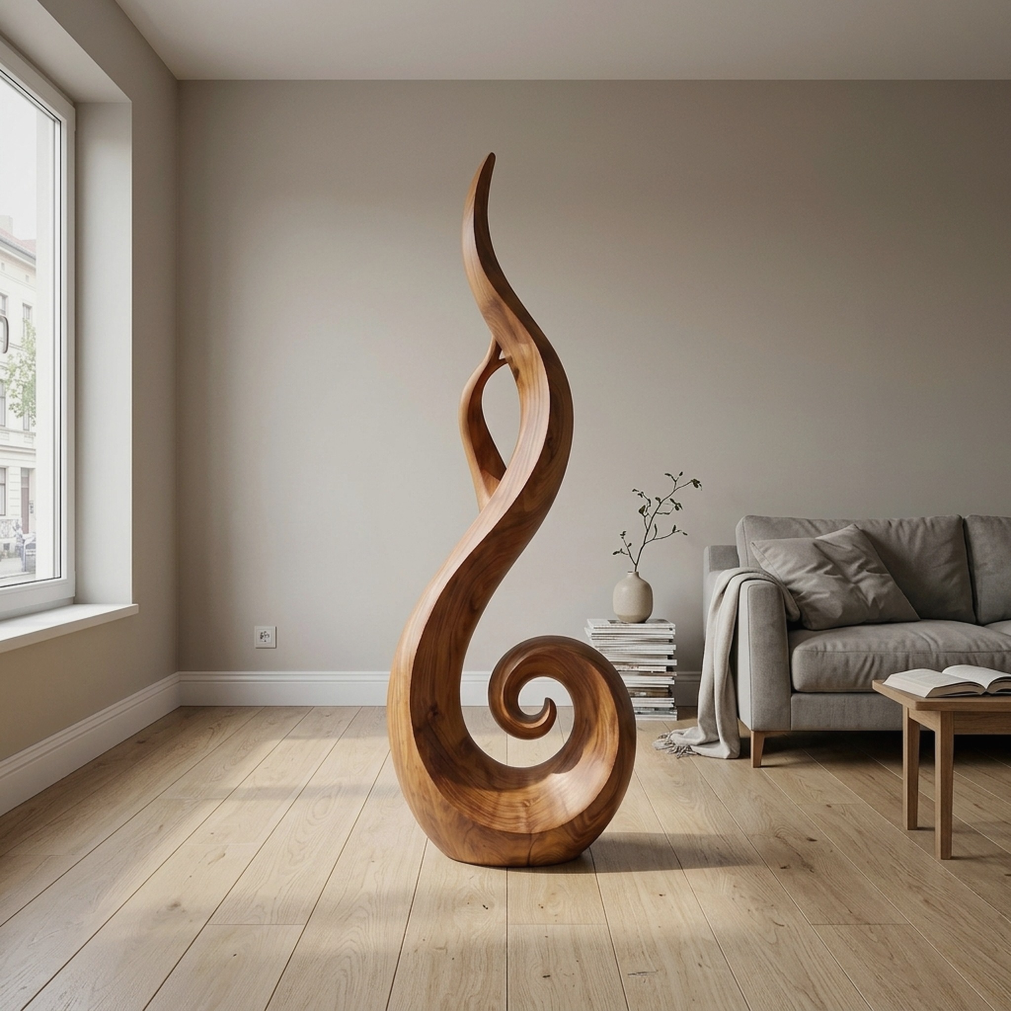 Handcrafted Spiral Wood Sculpture for Luxury Foyer Home Decor