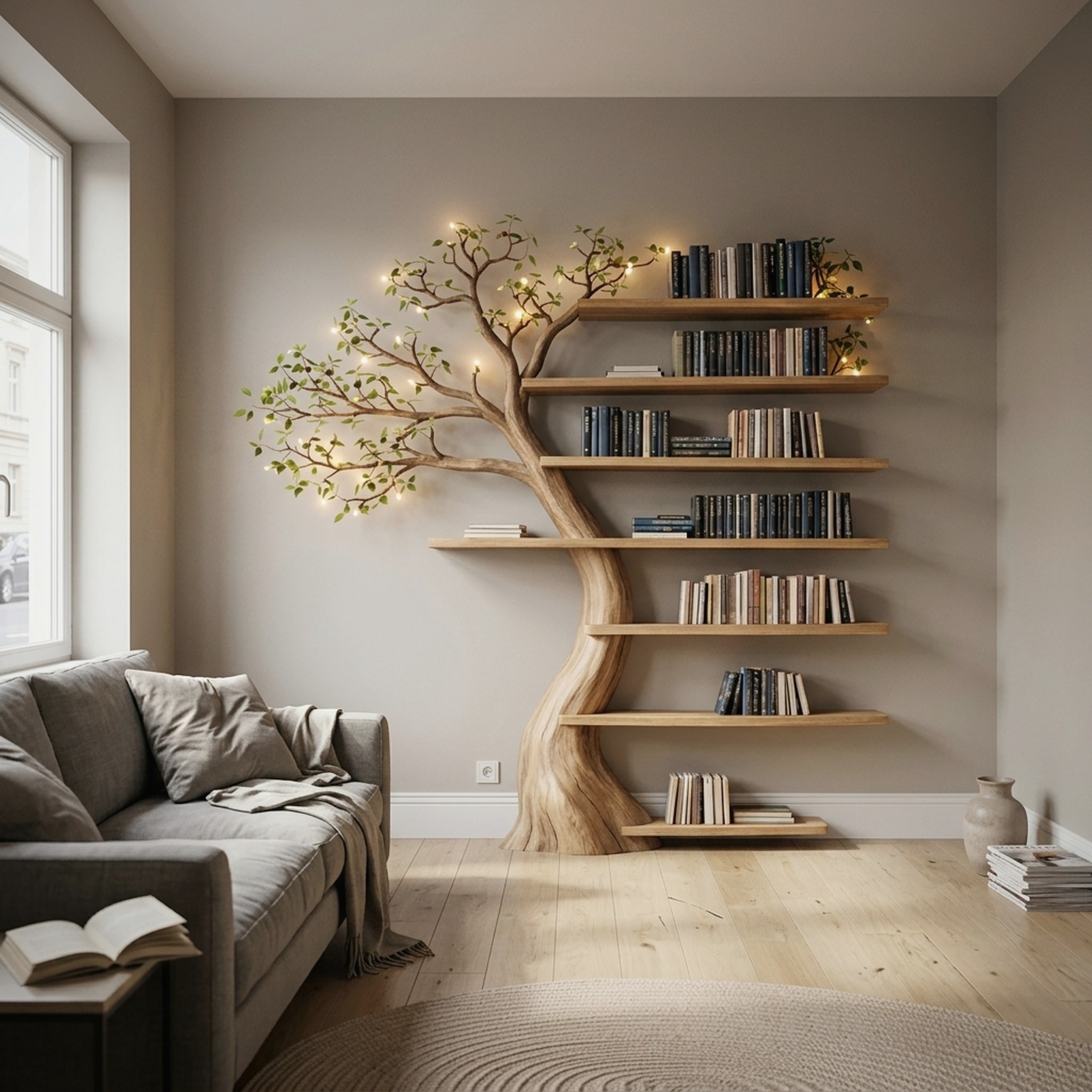 Handcrafted Tree Bookshelf Living Room Interior Sculptural Wall Display