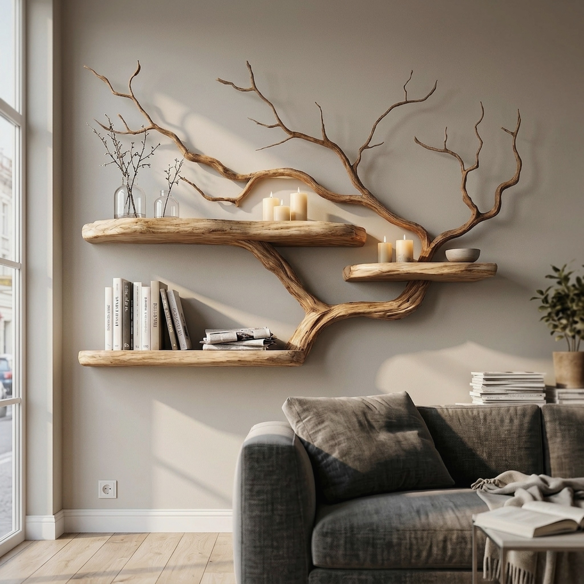 Handcrafted Tree Branch Floating Shelf for Living Room Decor