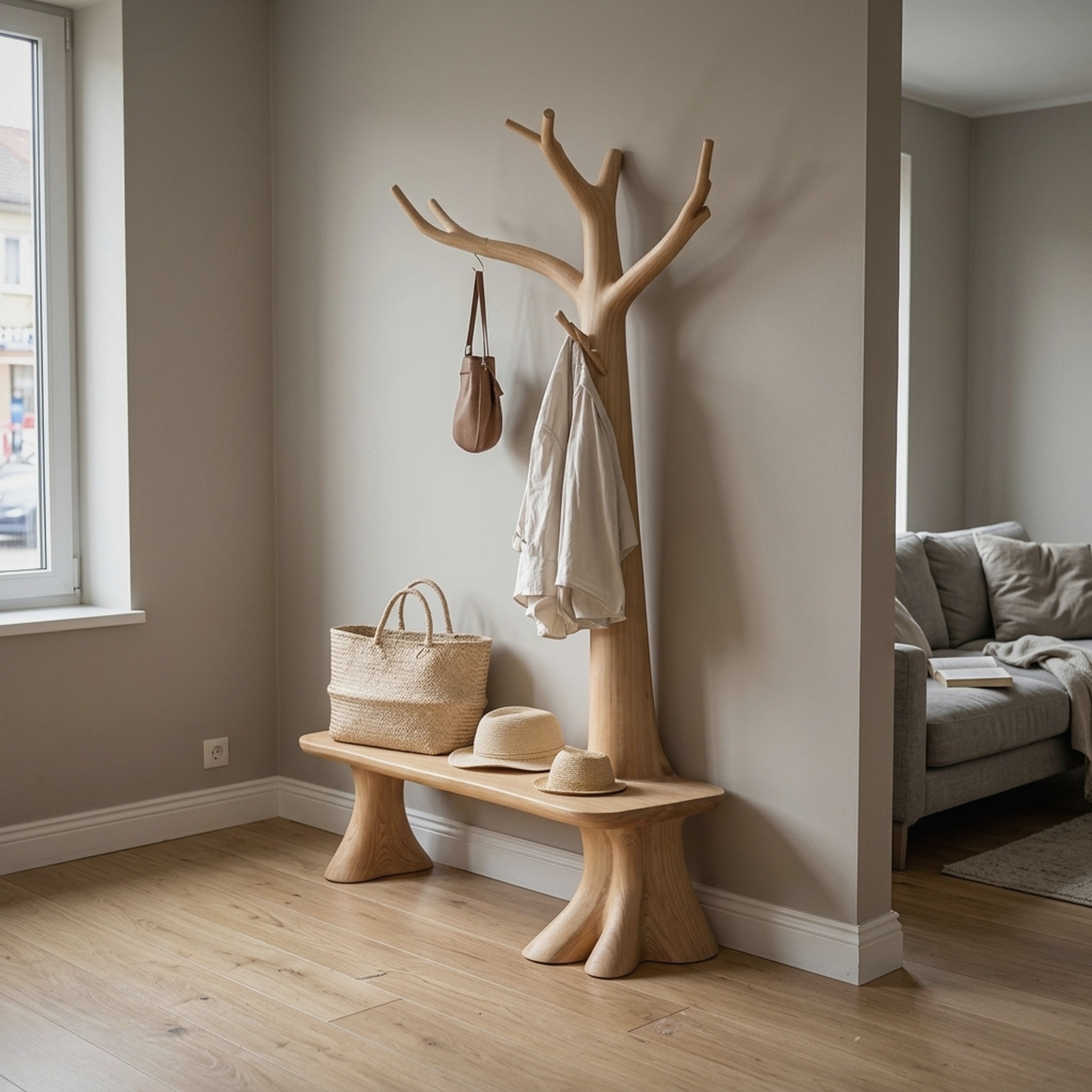 Handcrafted Tree Coat Rack with Bench Solid Wood Entryway Interior Functional Decor
