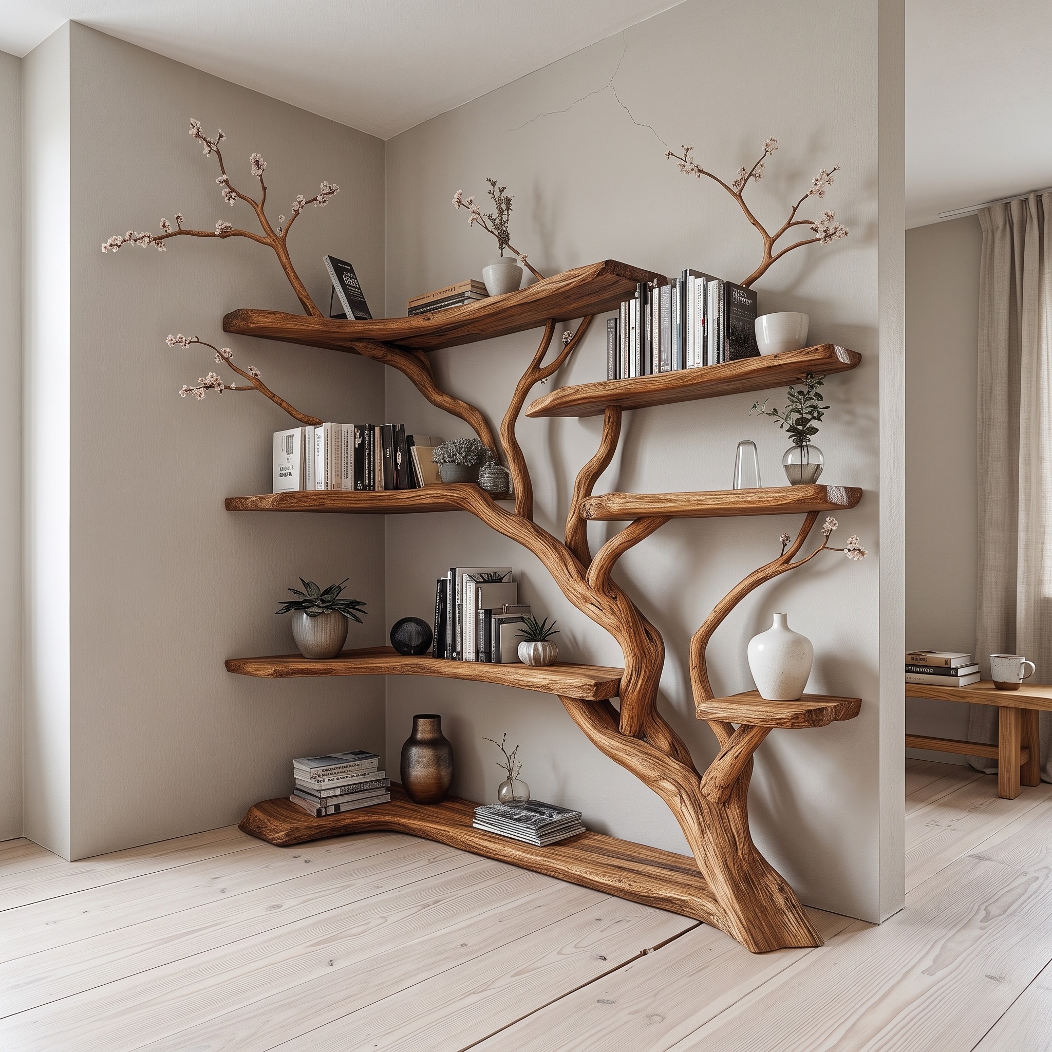 Handcrafted Tree Corner Storage Shelf, Wood Branch Corner Bookcase for Cozy Living Room Interior Feature Decor