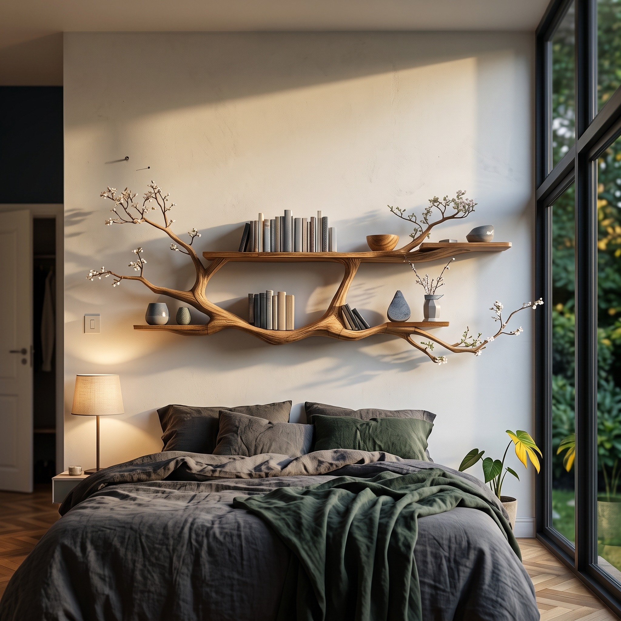 Handcrafted Tree Floating Shelf, Solid Wood Branch Wall Mounted Bookshelf for Modern Living Room Decor