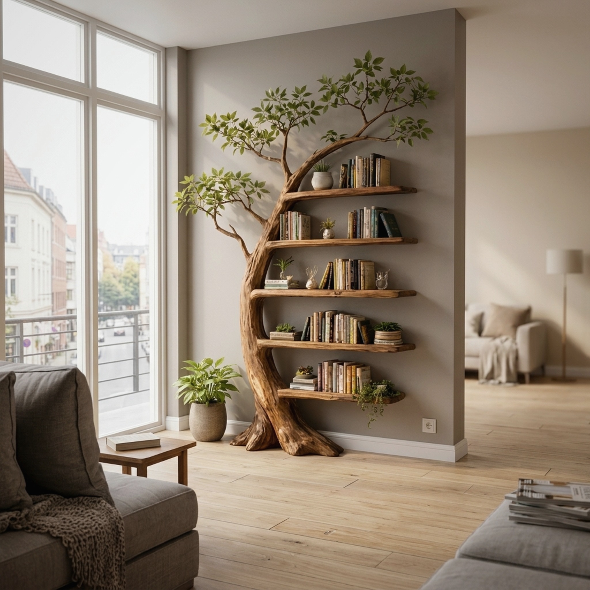 Handcrafted Tree Storage Bookcase Living Room