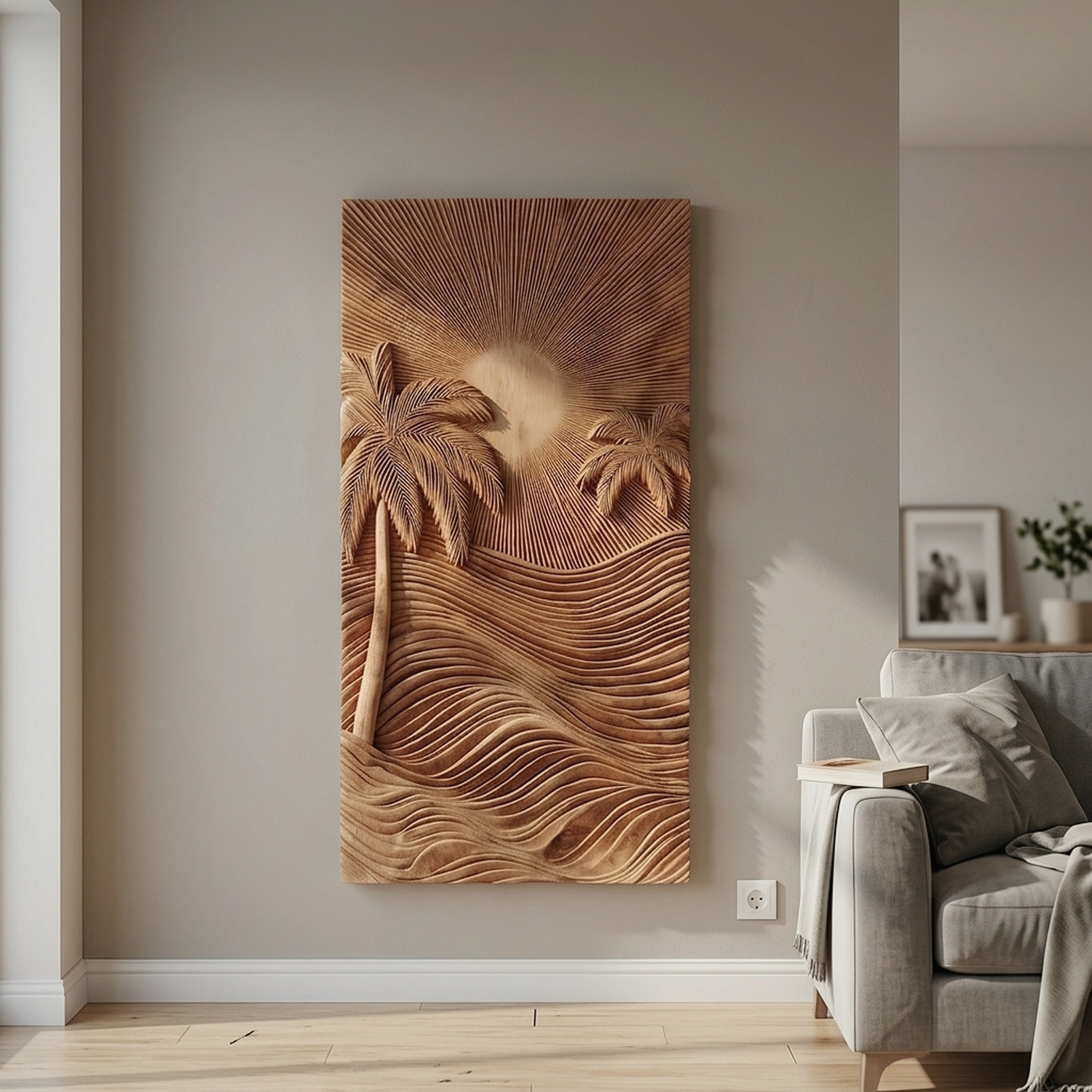 Handcrafted Tropical Wooden Wall Sculpture, Carved Palm Leaf Wood Wall Decor for Elegant Beach House Coastal Living Room