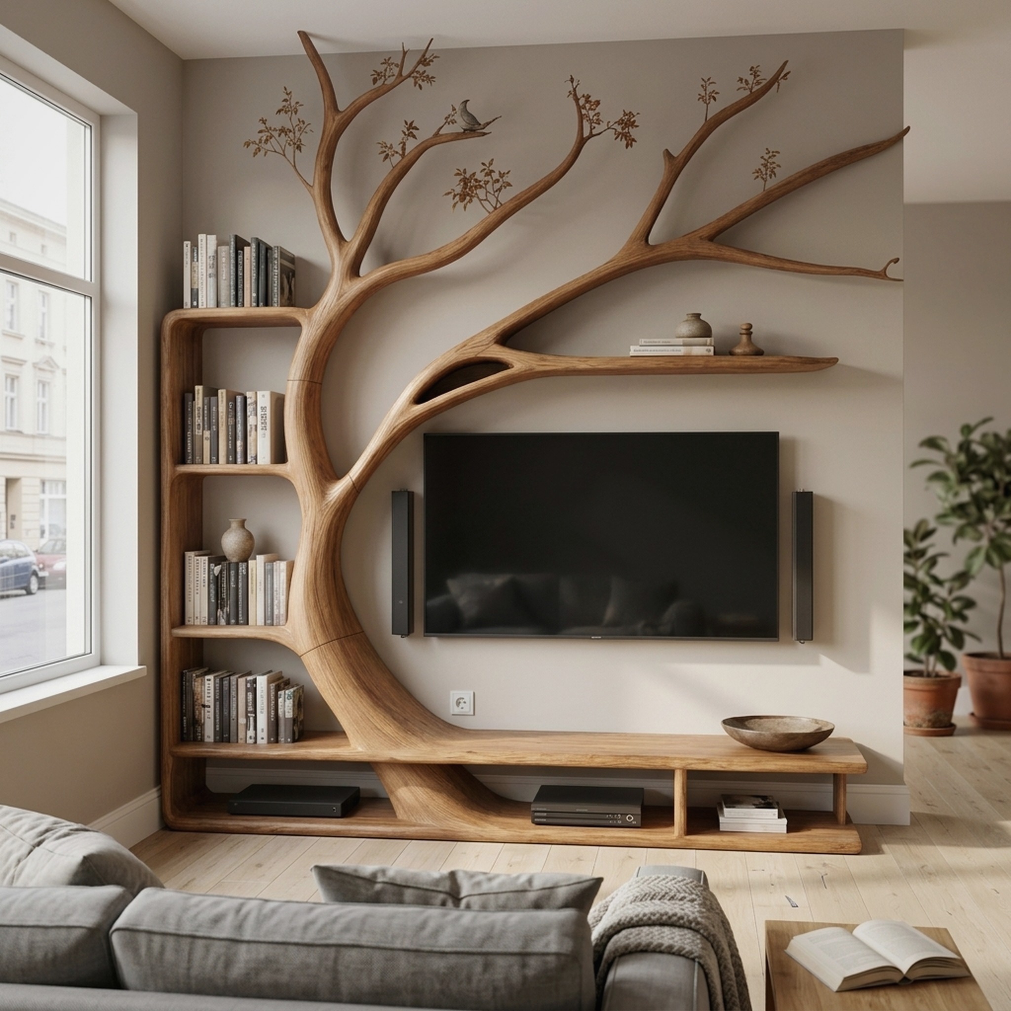 Handcrafted TV Cabinet with Artistic Tree Bookcase for Living Room
