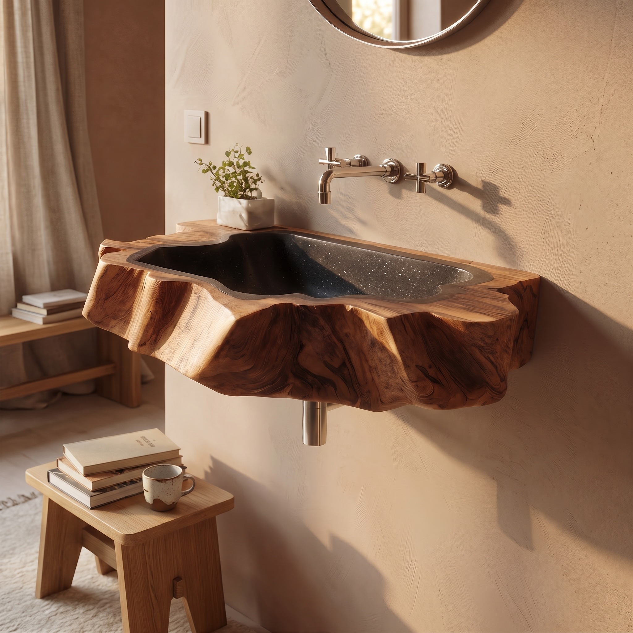 Handcrafted Wall Mounted Wooden Bathroom Vanity Sink, Floating Solid Wood Basin & Storage Cabinet for Rustic Decor