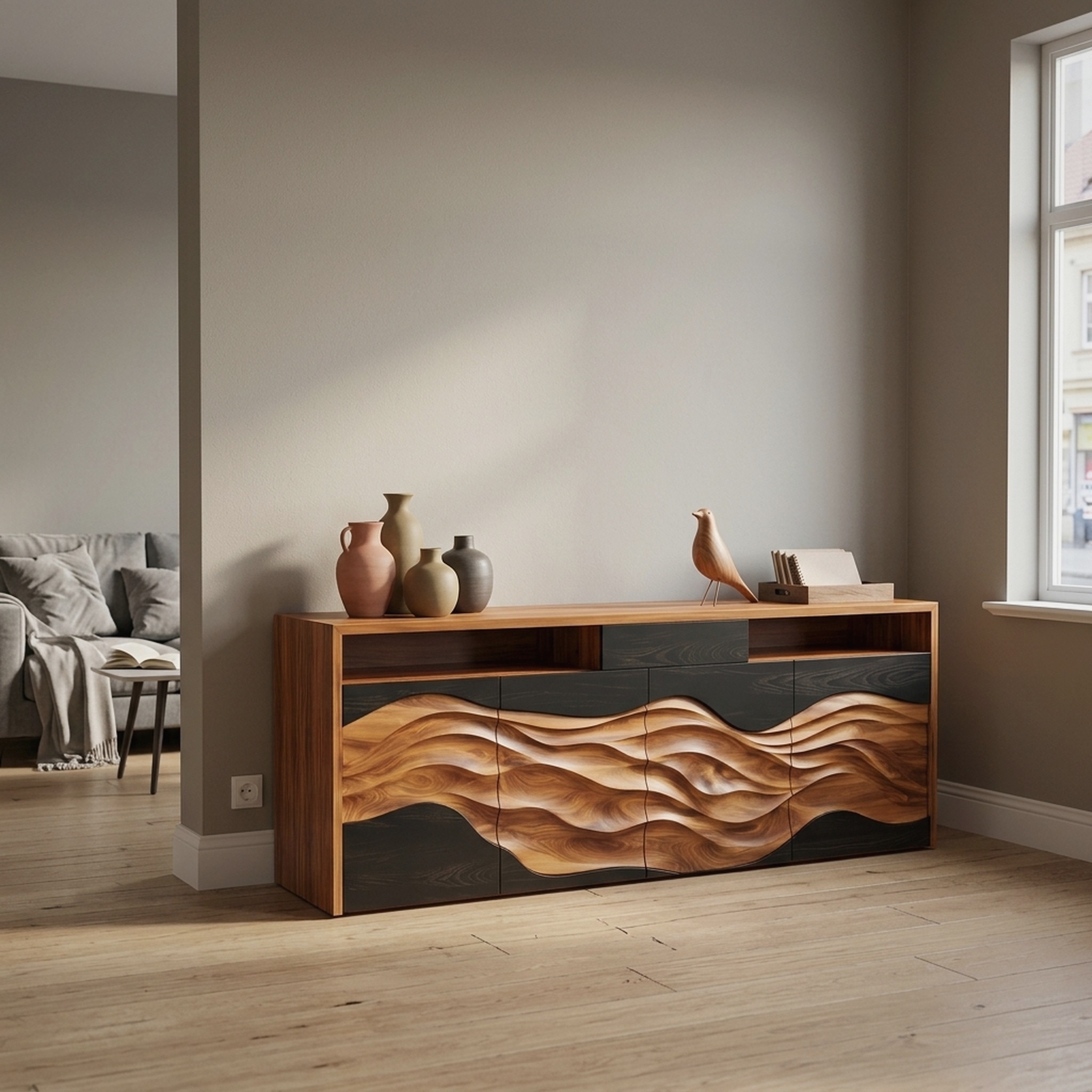 Handcrafted Wave Carved Buffet Modern Dining Room