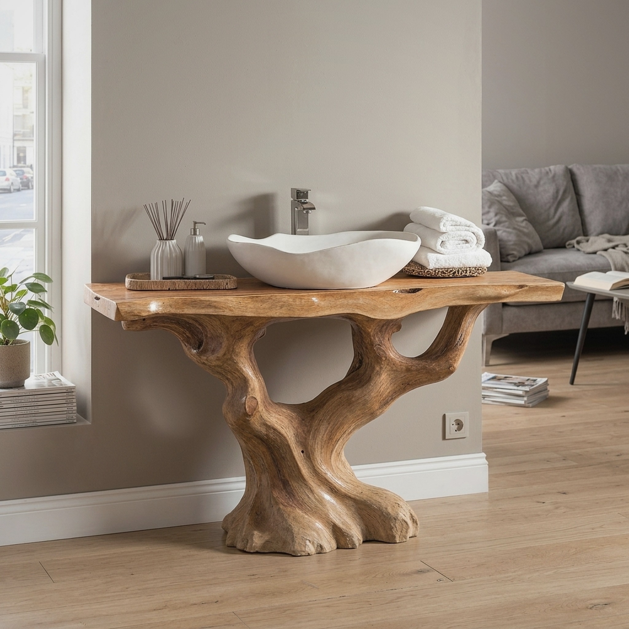 Handcrafted Wood Bathroom Vanity with Tree Trunk Base for Rustic Charm