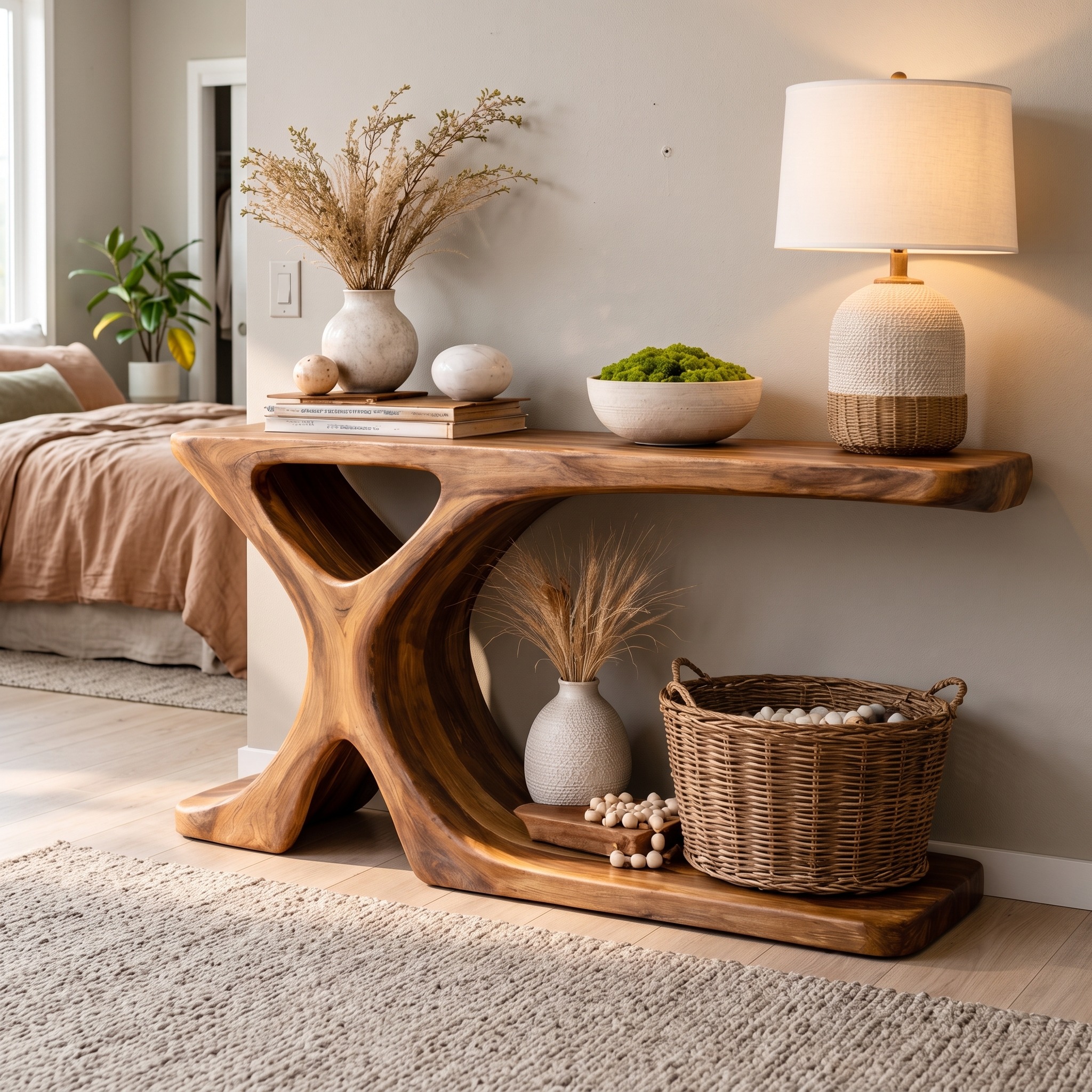 Handcrafted Wood Console Table with Tree Form Base, Organic Solid Wood Entryway Accent Table for Hallway Decor