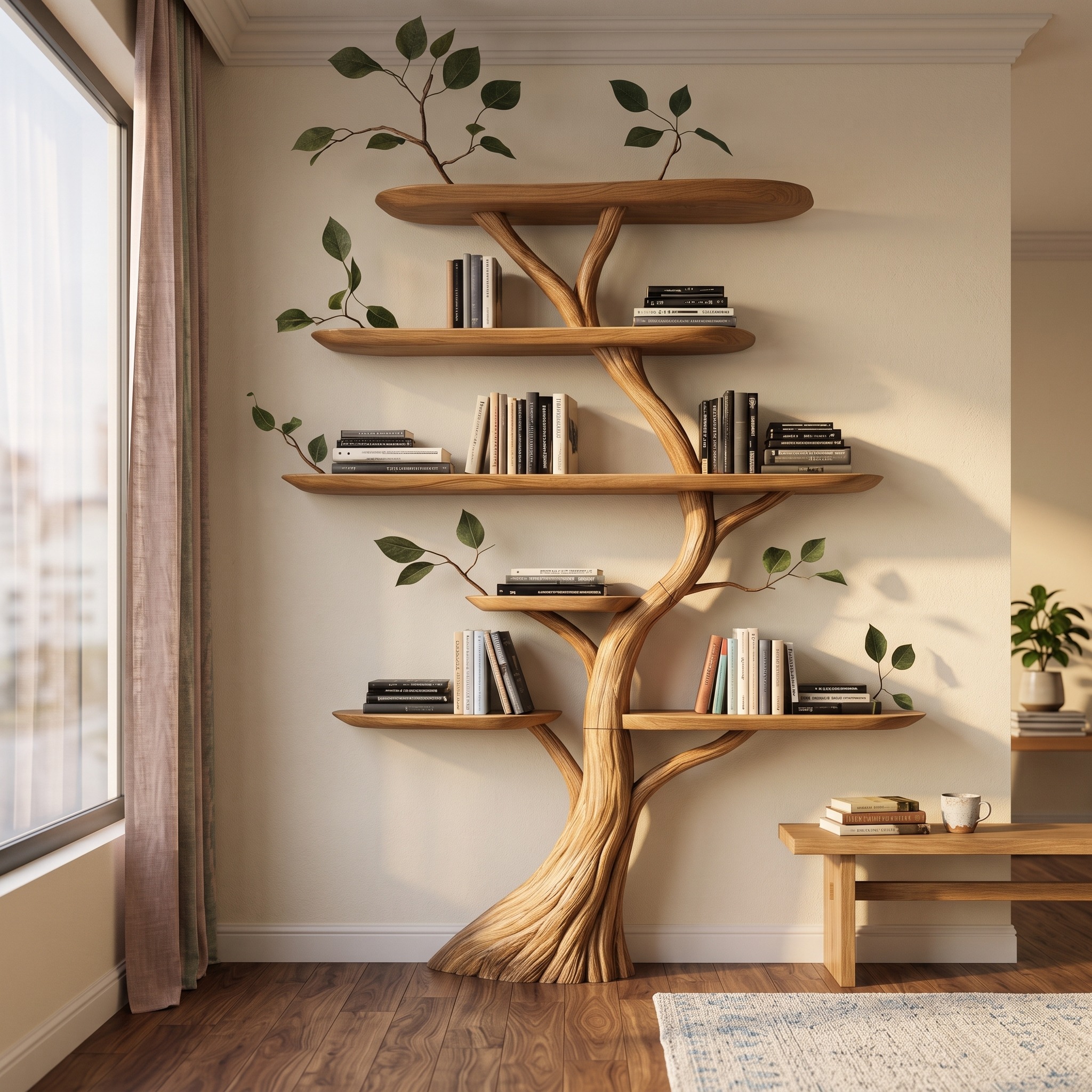 Handcrafted Wood Tree Bookshelf, Floating Branch Wall Mounted Bookcase Display Shelf for Living Room and Office