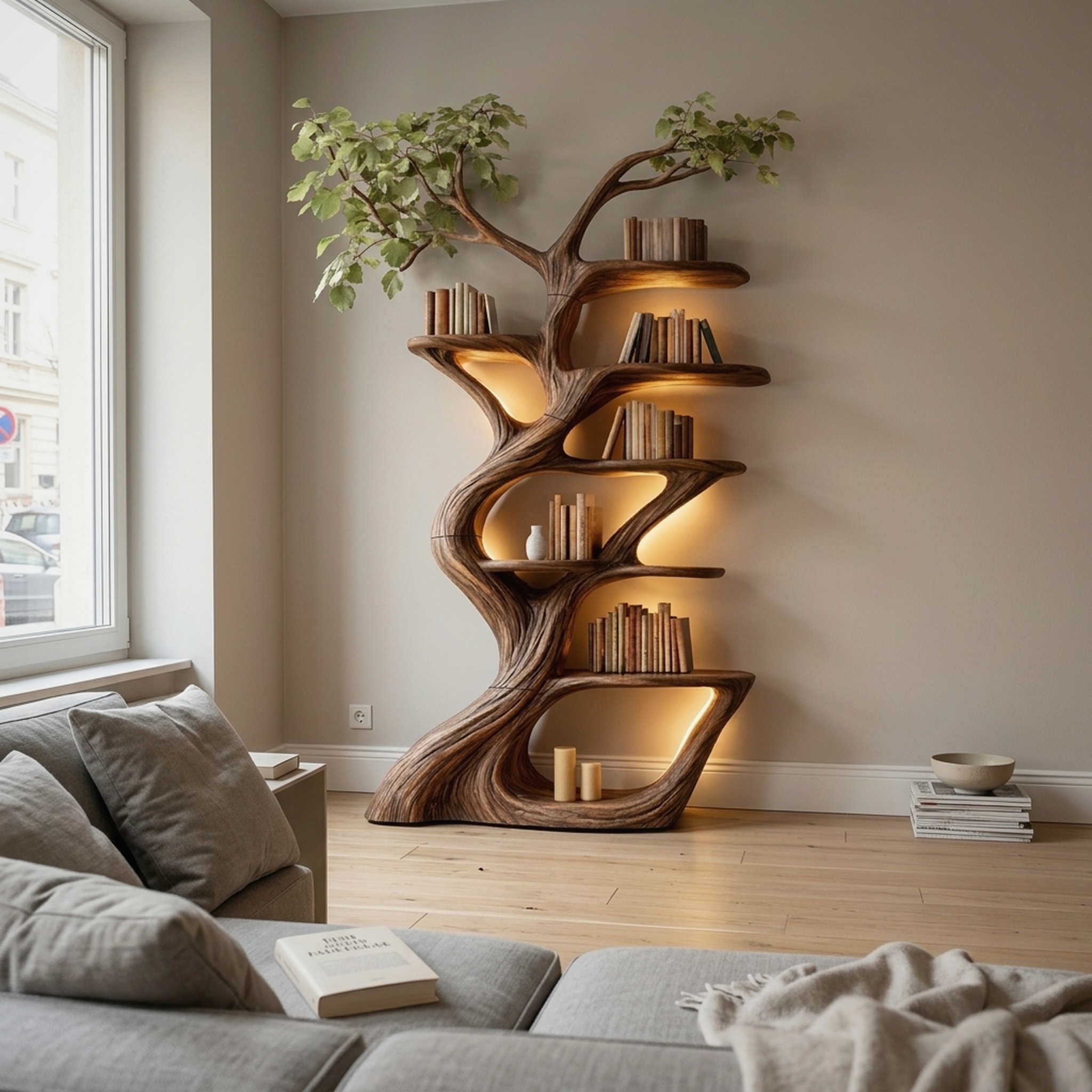 Handcrafted Wood Tree Bookshelf Statement Wall