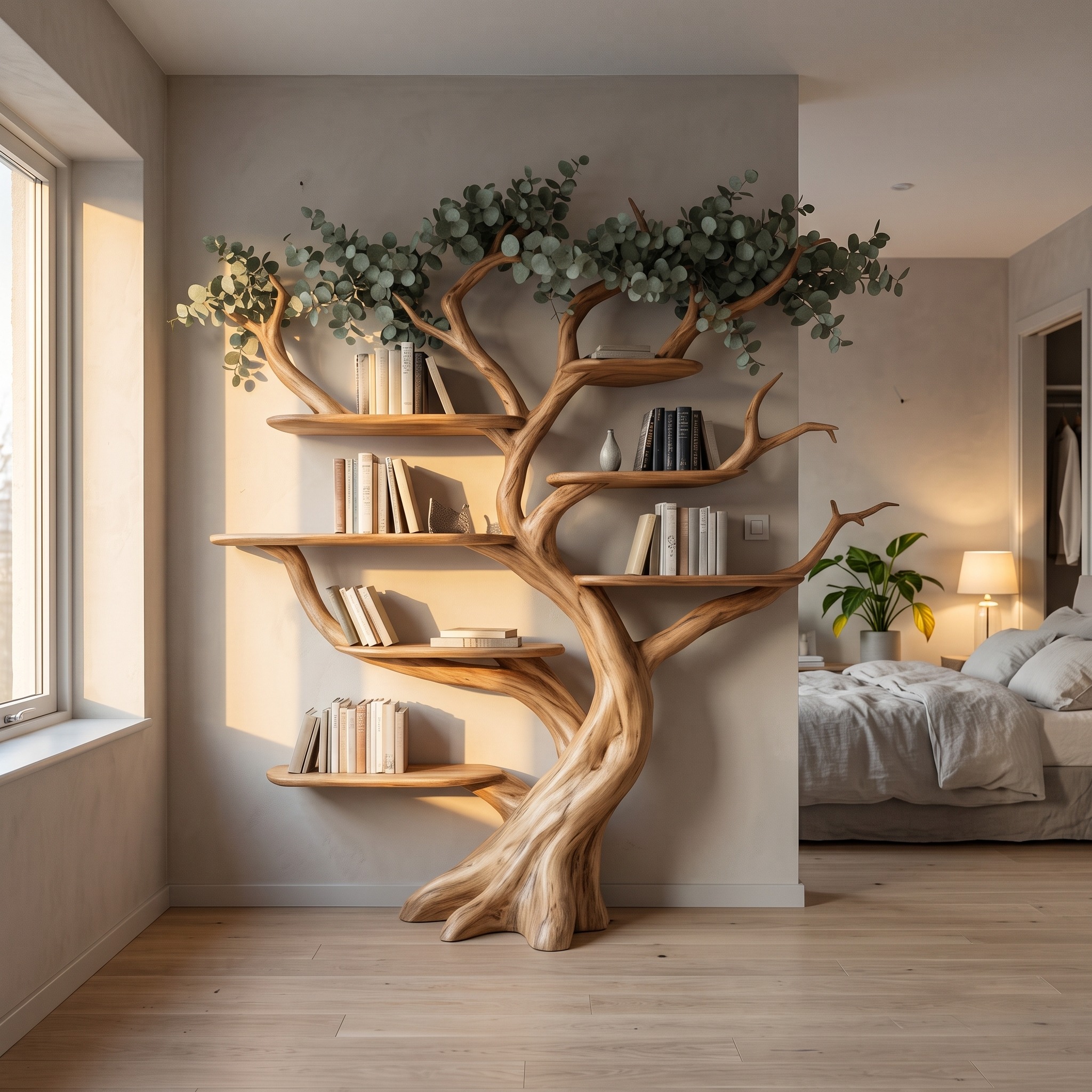 Handcrafted Wood Tree Storage Bookcase, Floating Branch Wall Mounted Bookcase Statement Piece for Living Room