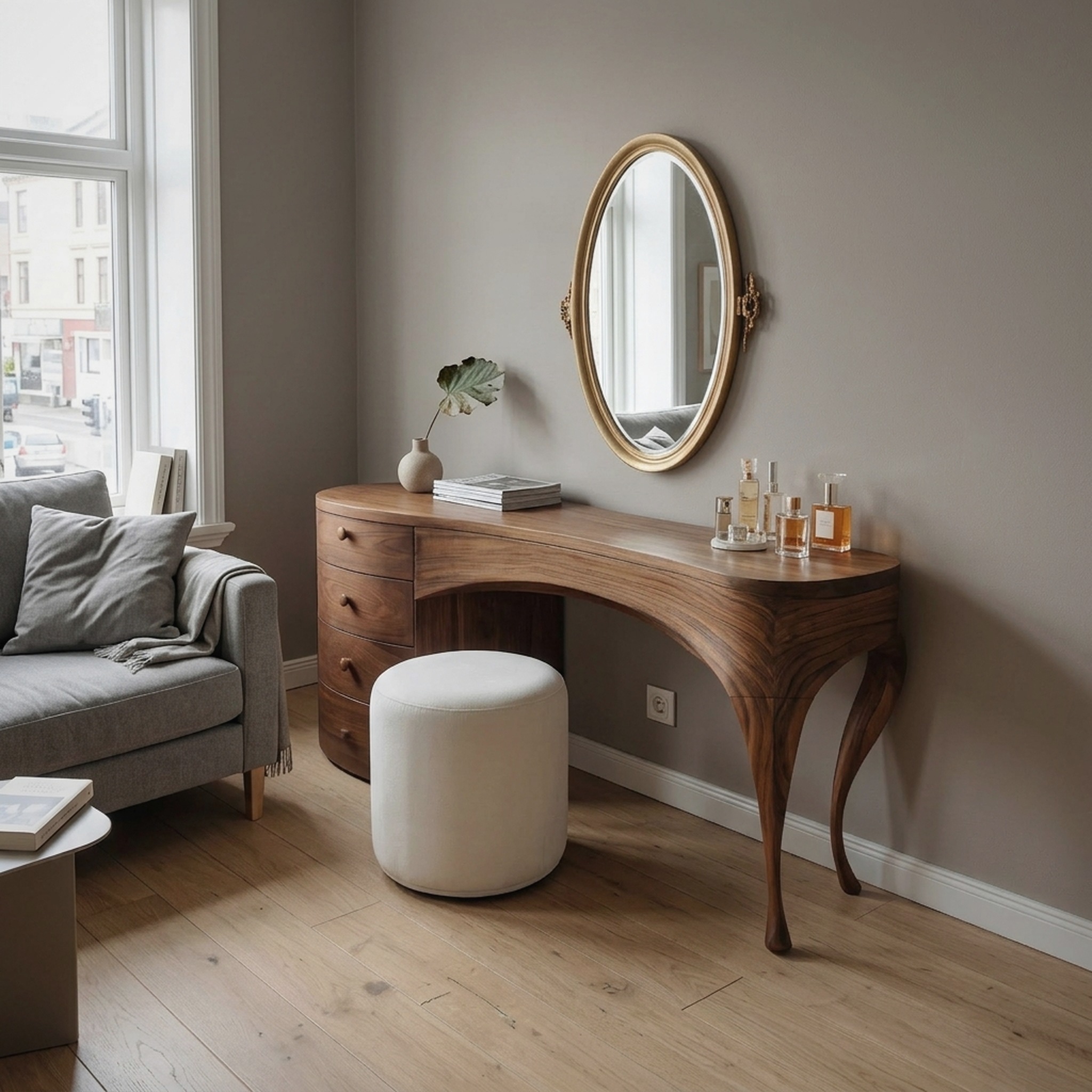 Handcrafted Wood Vanity Table with Sculptural Legs for Dressing Space
