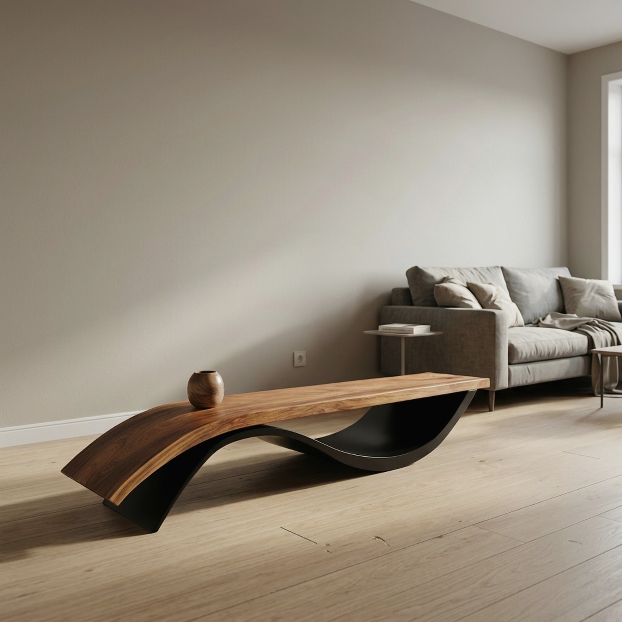 Handcrafted Wooden Bench with Unique Undulating Form for Living Room