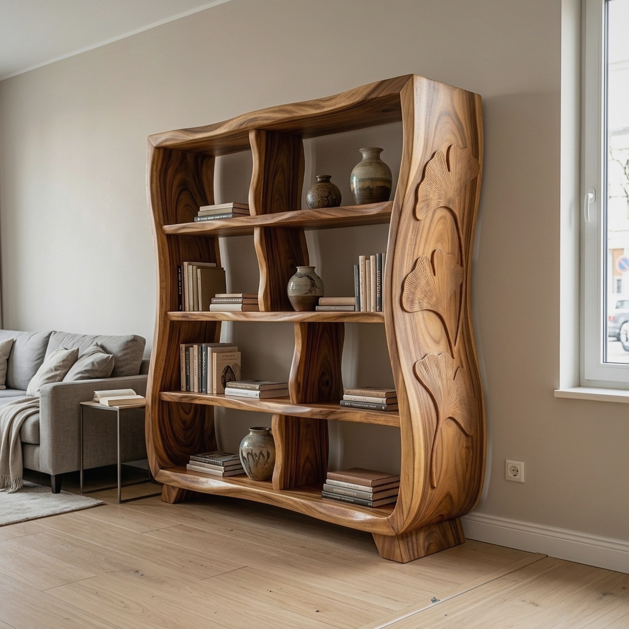 Handcrafted Wooden Bookshelf with Ginkgo Leaf Accents