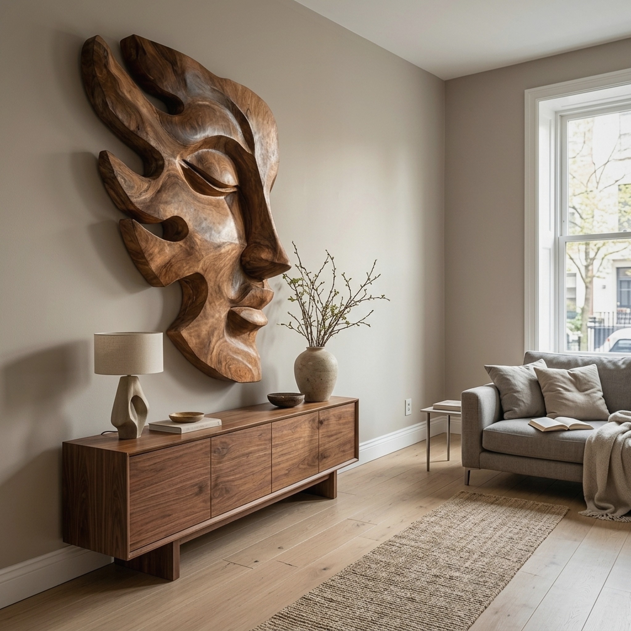 Handcrafted Wooden Face Wall Art with Sculptural Form for Interior