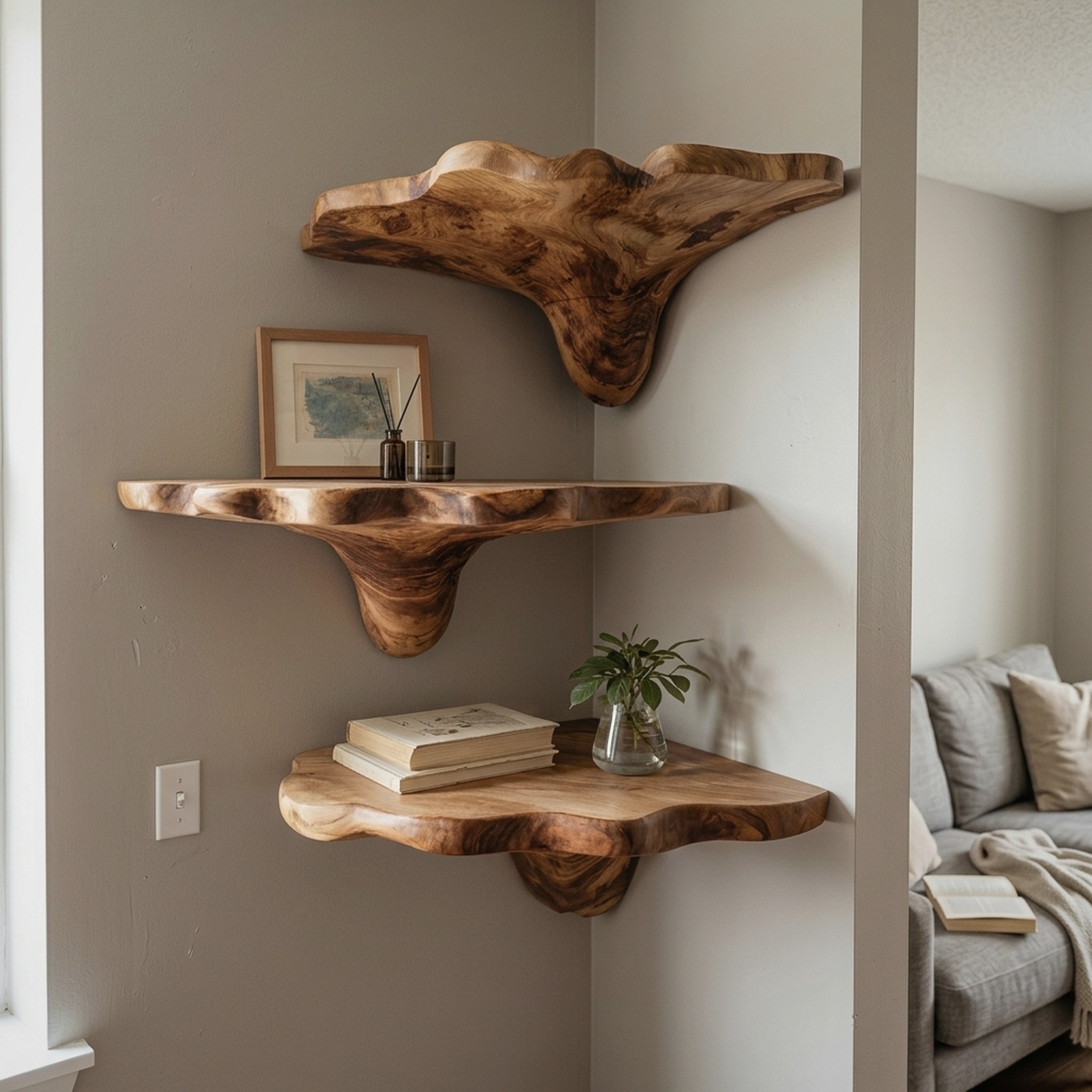 Handcrafted Wooden Live Edge Mushroom Shelf for Entryway Design