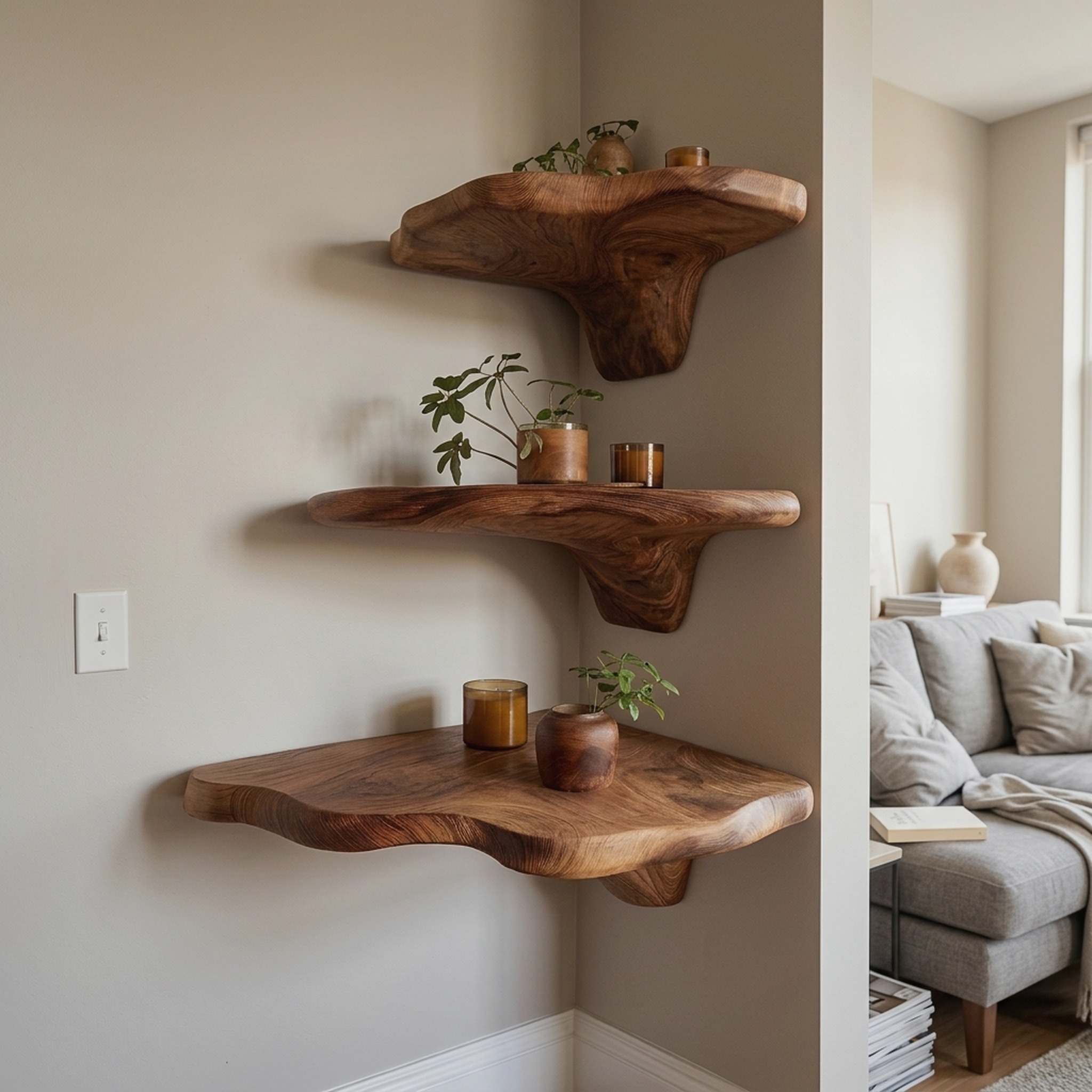 Handcrafted Wooden Live Edge Mushroom Shelf for Modern Furniture Decor