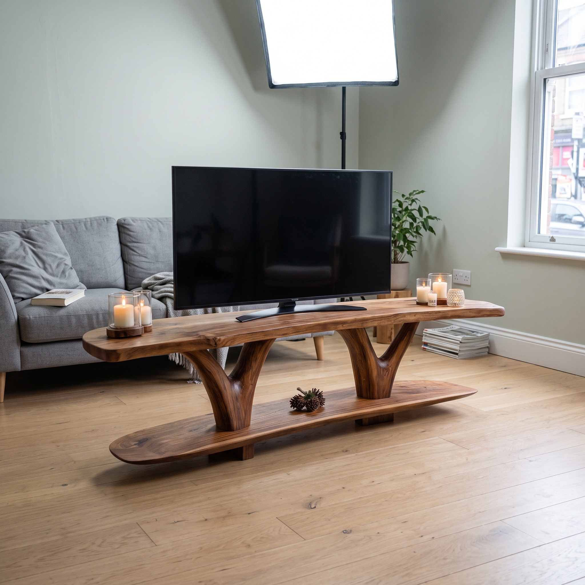 Handcrafted Wooden Live Edge TV Console, Low Profile Solid Wood Media Stand Cabinet for Living Room