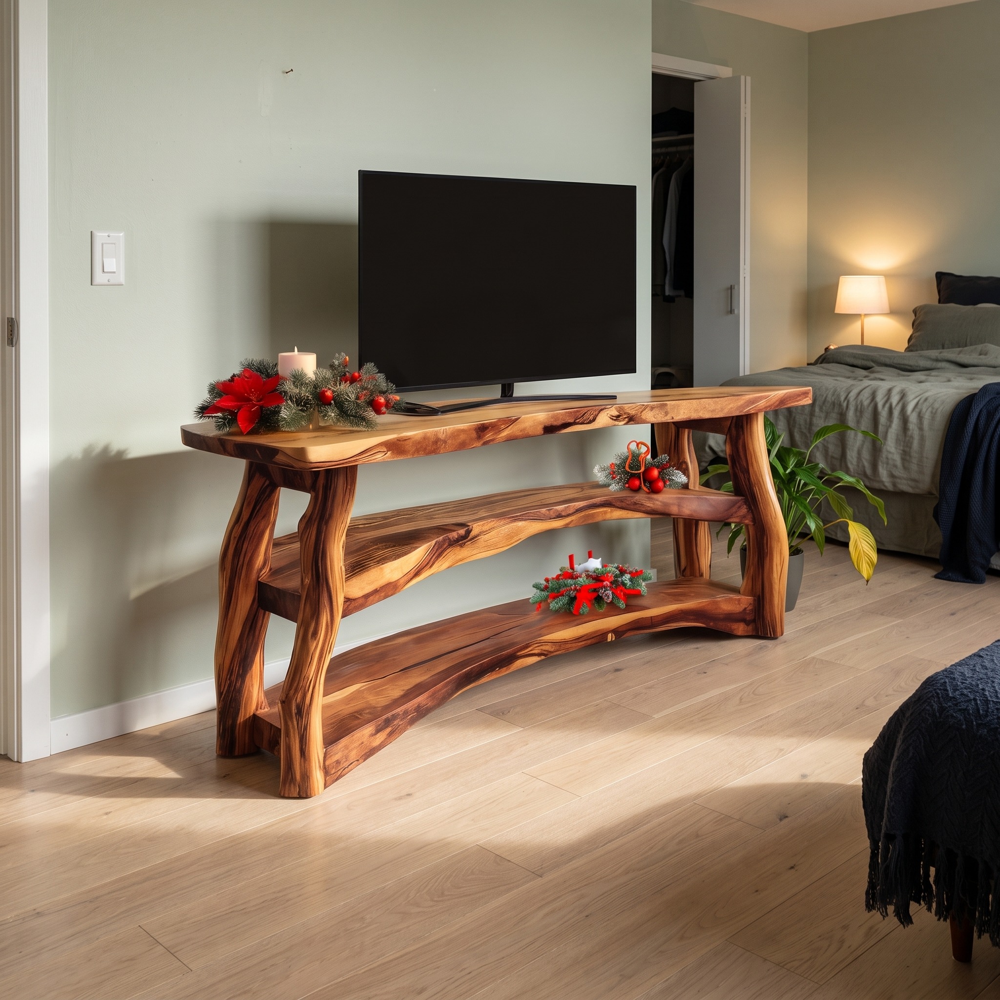 Handcrafted Wooden Live Edge TV Console, Solid Wood Media Center Sideboard & Living Room Cabinet