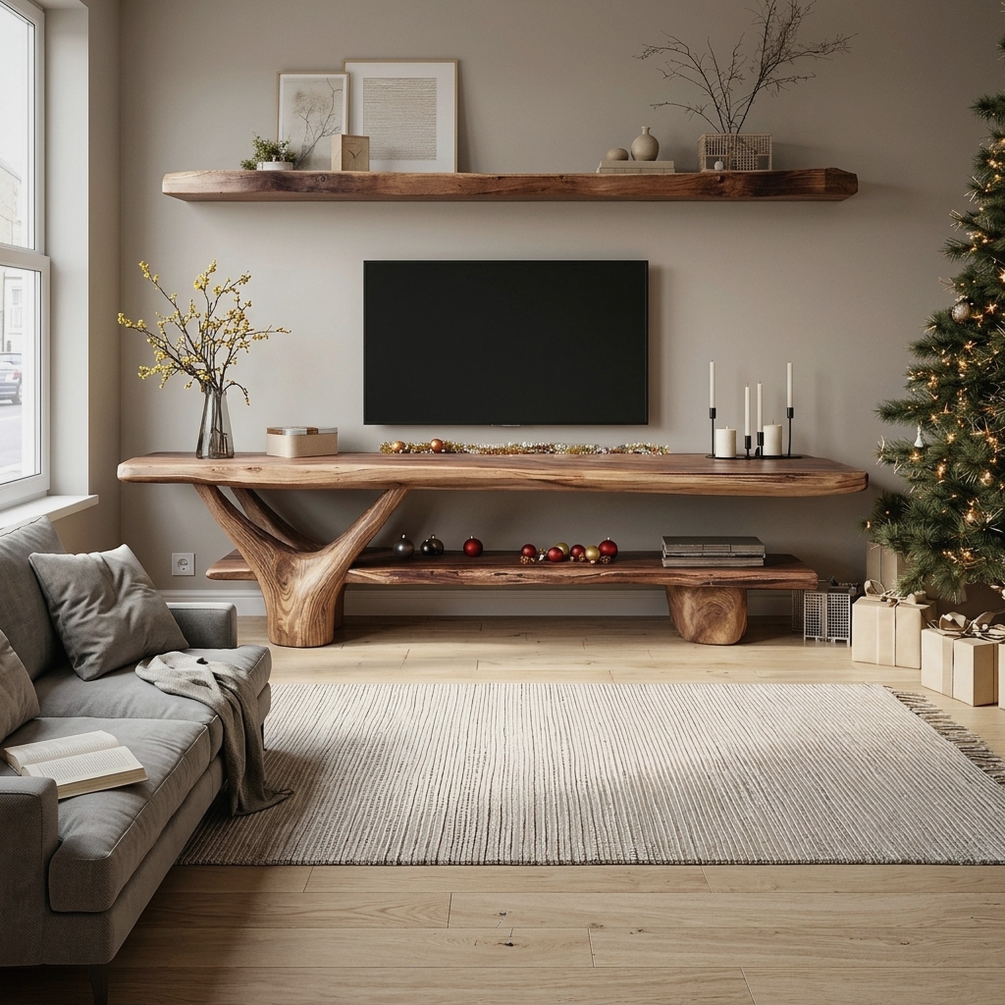 Handcrafted Wooden Live Edge TV Console, Solid Wood Media Stand Entertainment Center for Modern Living Room & Entryway Decor
