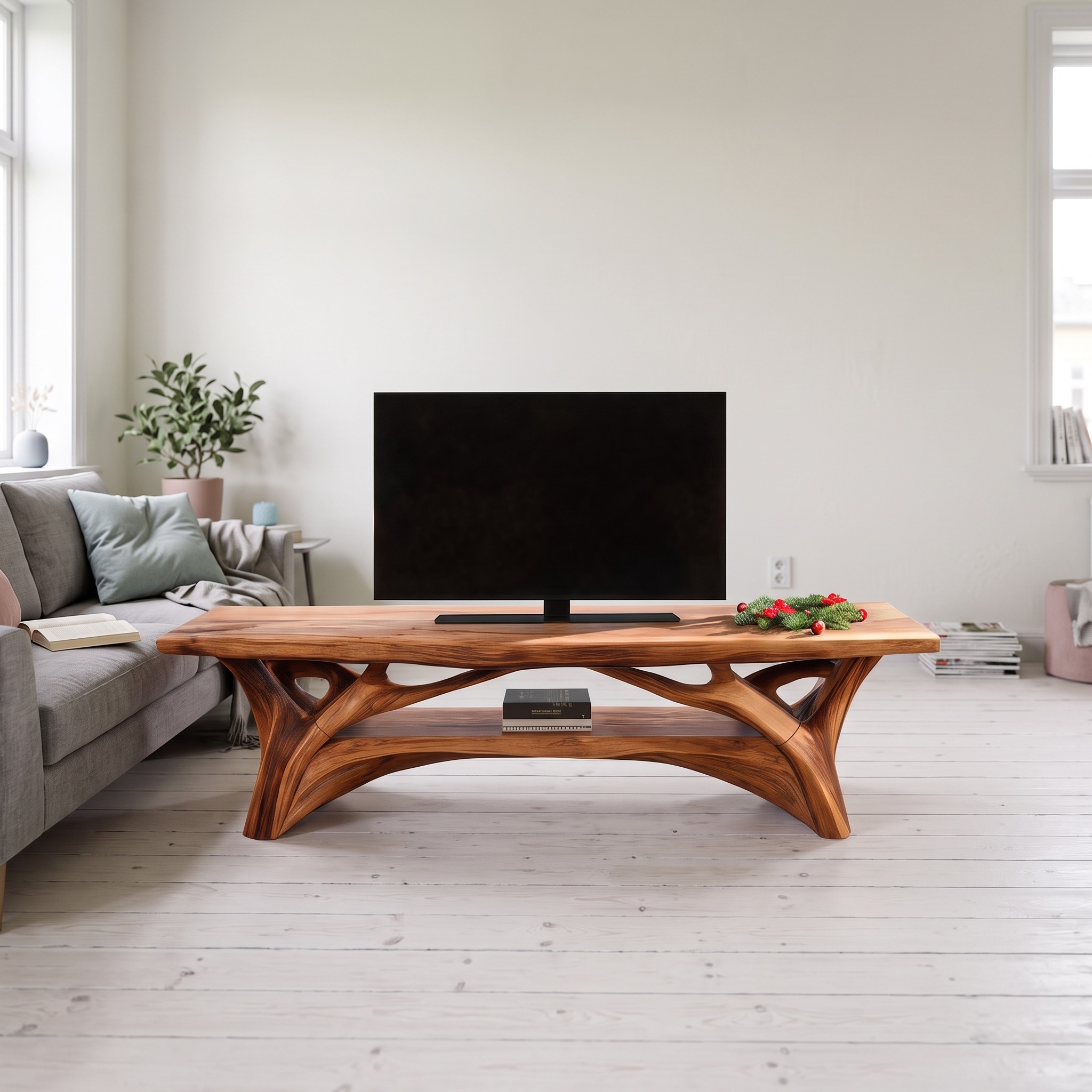 Handcrafted Wooden Live Edge TV Console, Solid Wood Media Storage Sideboard & Credenza for Living Room