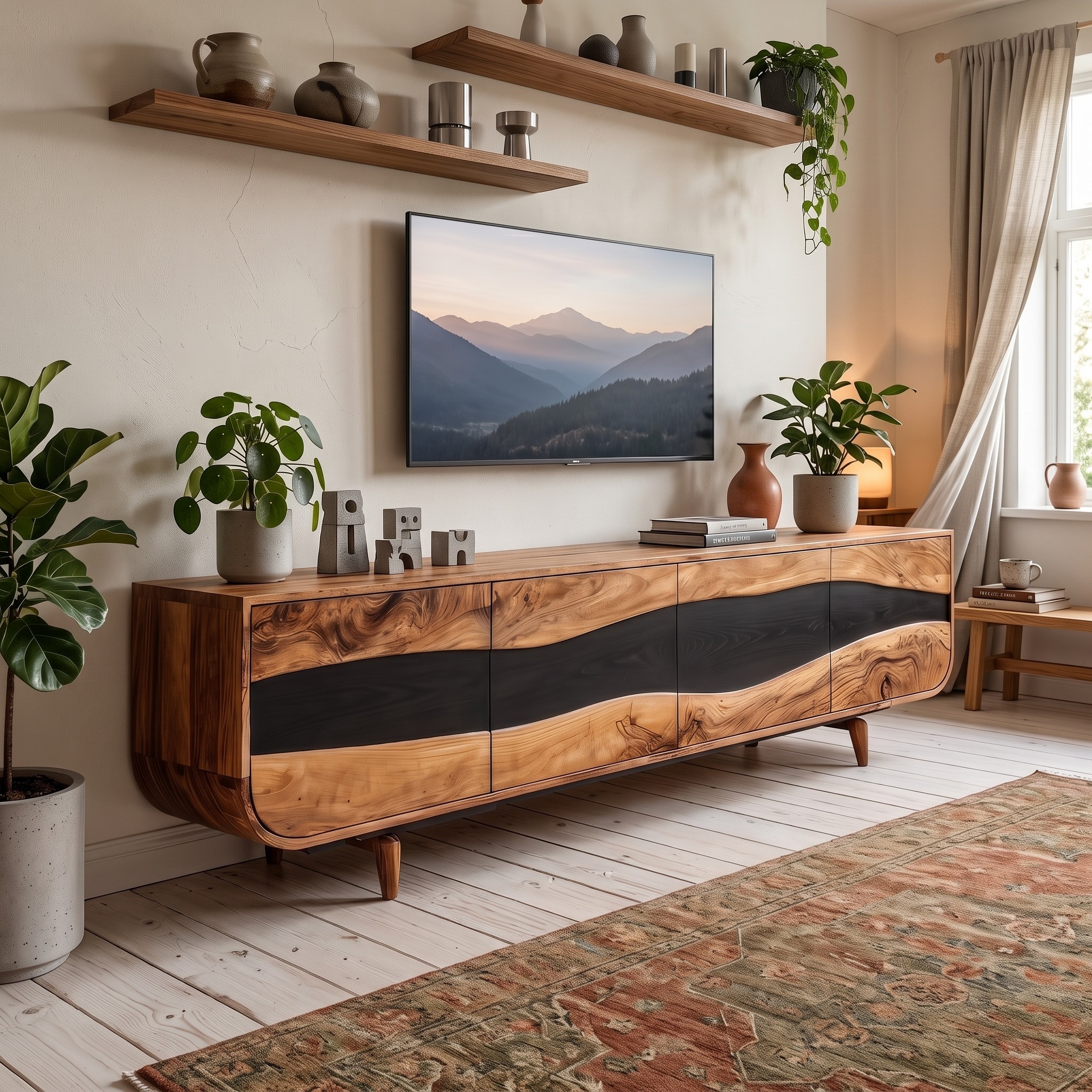Handcrafted Wooden Live Edge TV Stand, Rustic Solid Wood Media Console & Entertainment Center